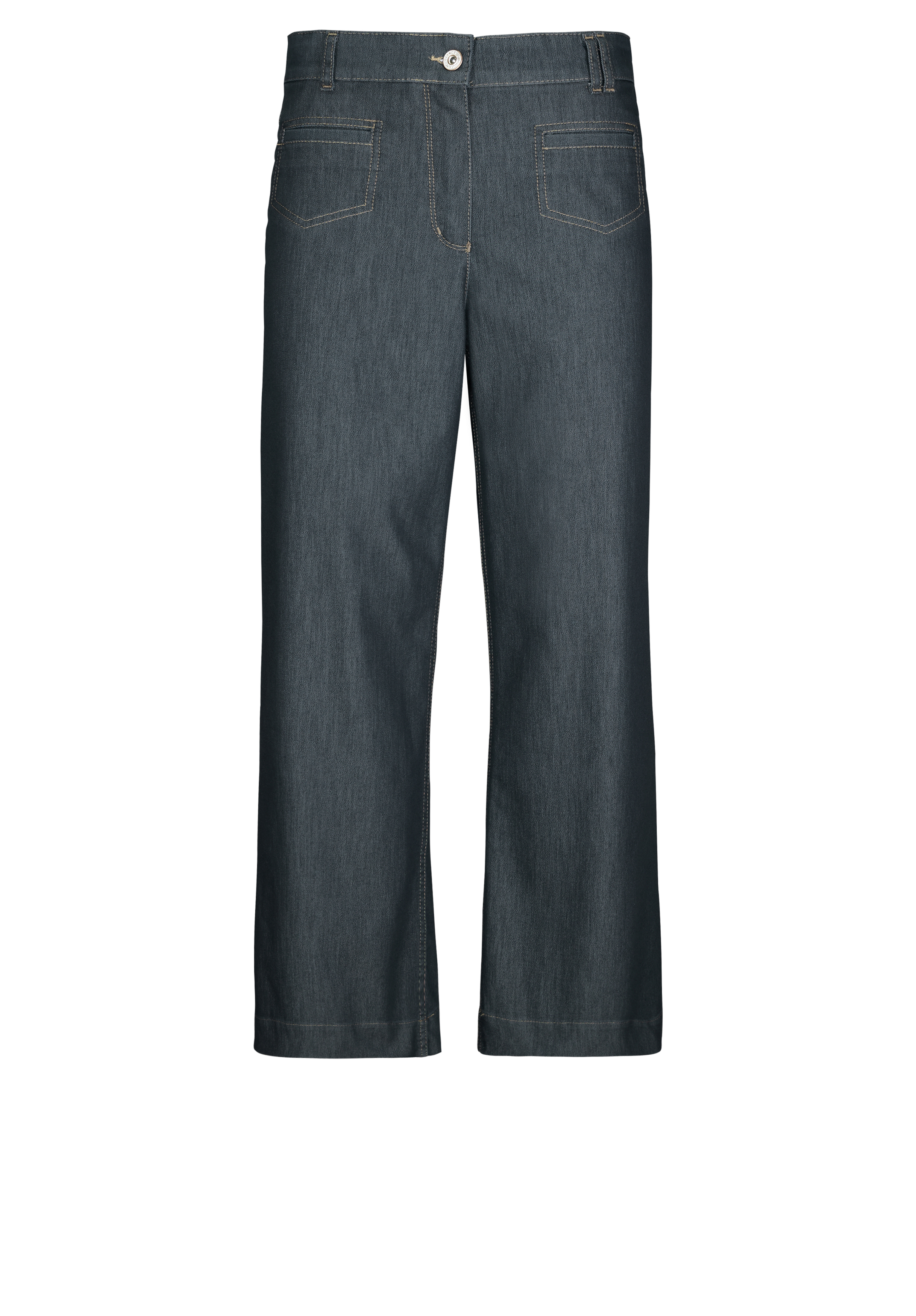 Dunkelblaue Denim-Jeans mit weitem Bein, Vordertaschen, Gürtelschlaufen und einem Knopfverschluss auf weißem Hintergrund.