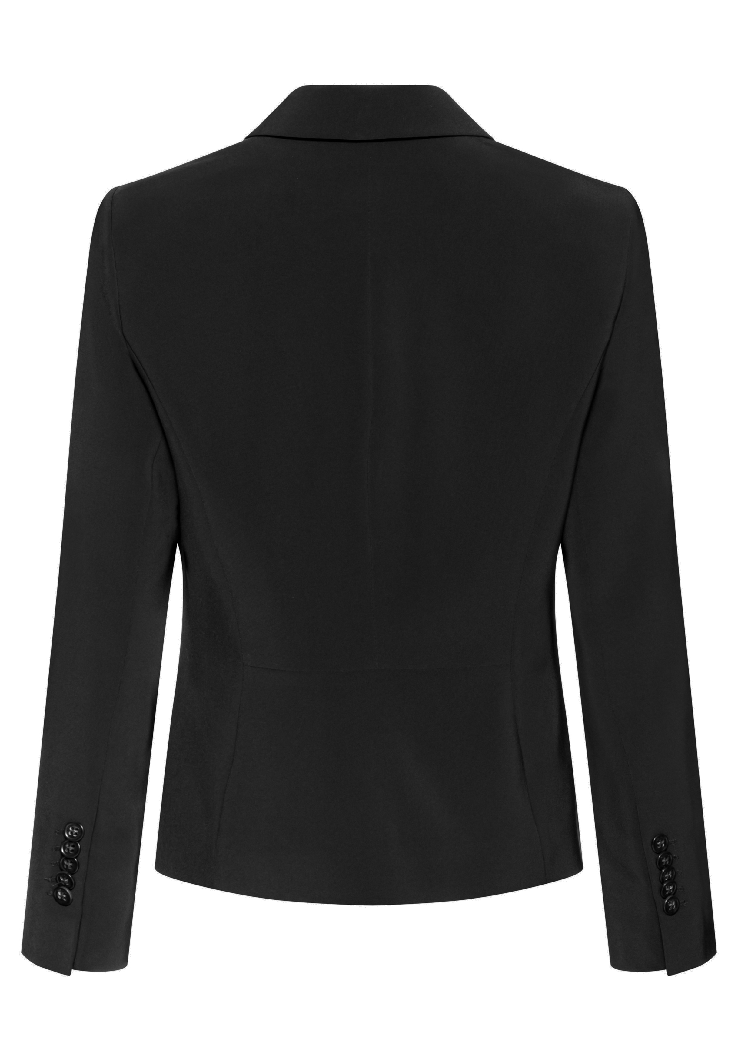 Schwarzer taillierter Blazer mit klassischem Kragen, taillierten Nähten und Knöpfen an den Manschetten der langen Ärmel, von hinten gesehen.