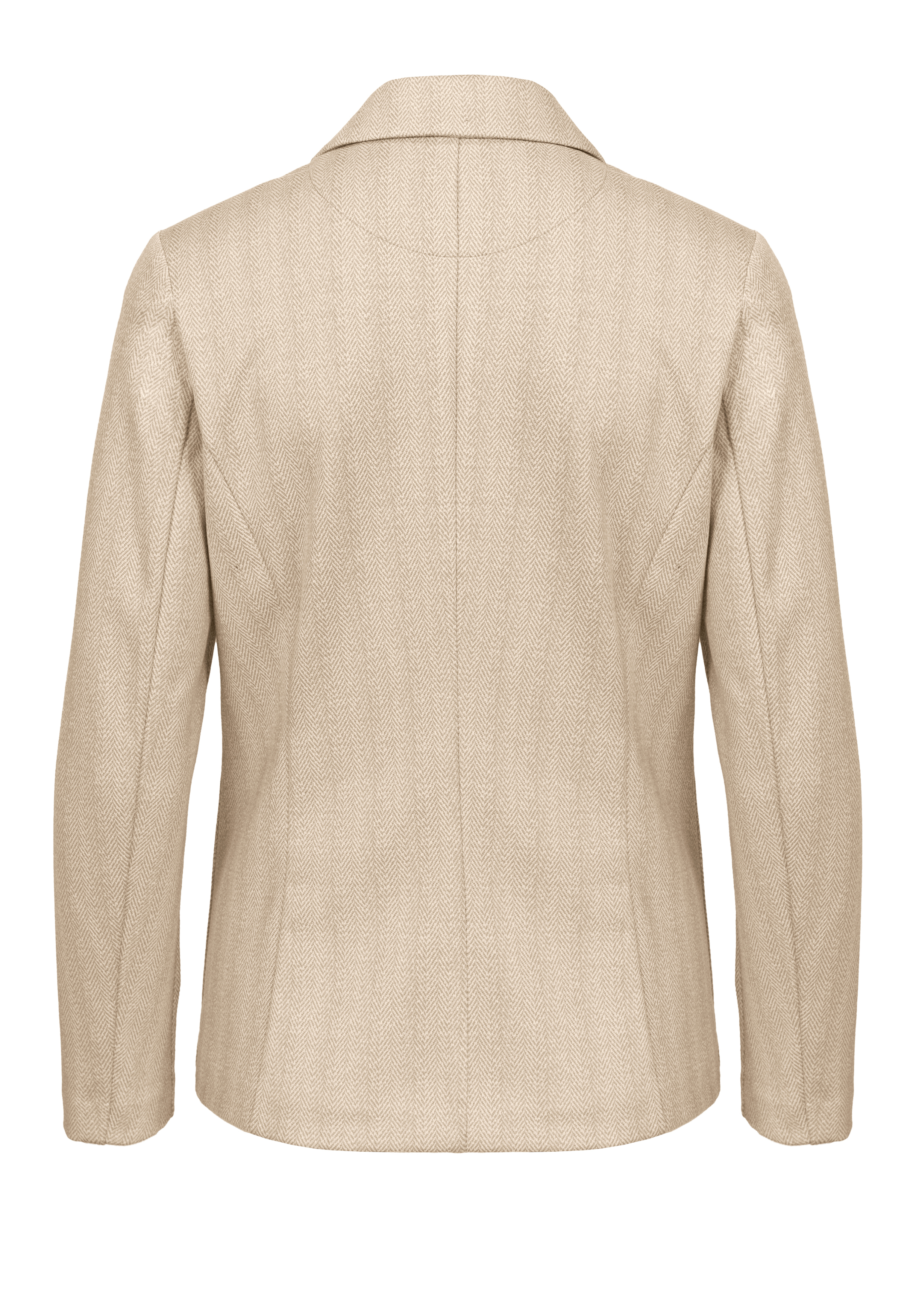 Rückansicht eines beigen, langärmeligen, taillierten Damenblazers mit Reverskragen und dezent strukturiertem Stoff. Die Jacke hat eine taillierte Silhouette und keine sichtbaren Knöpfe oder Verzierungen.