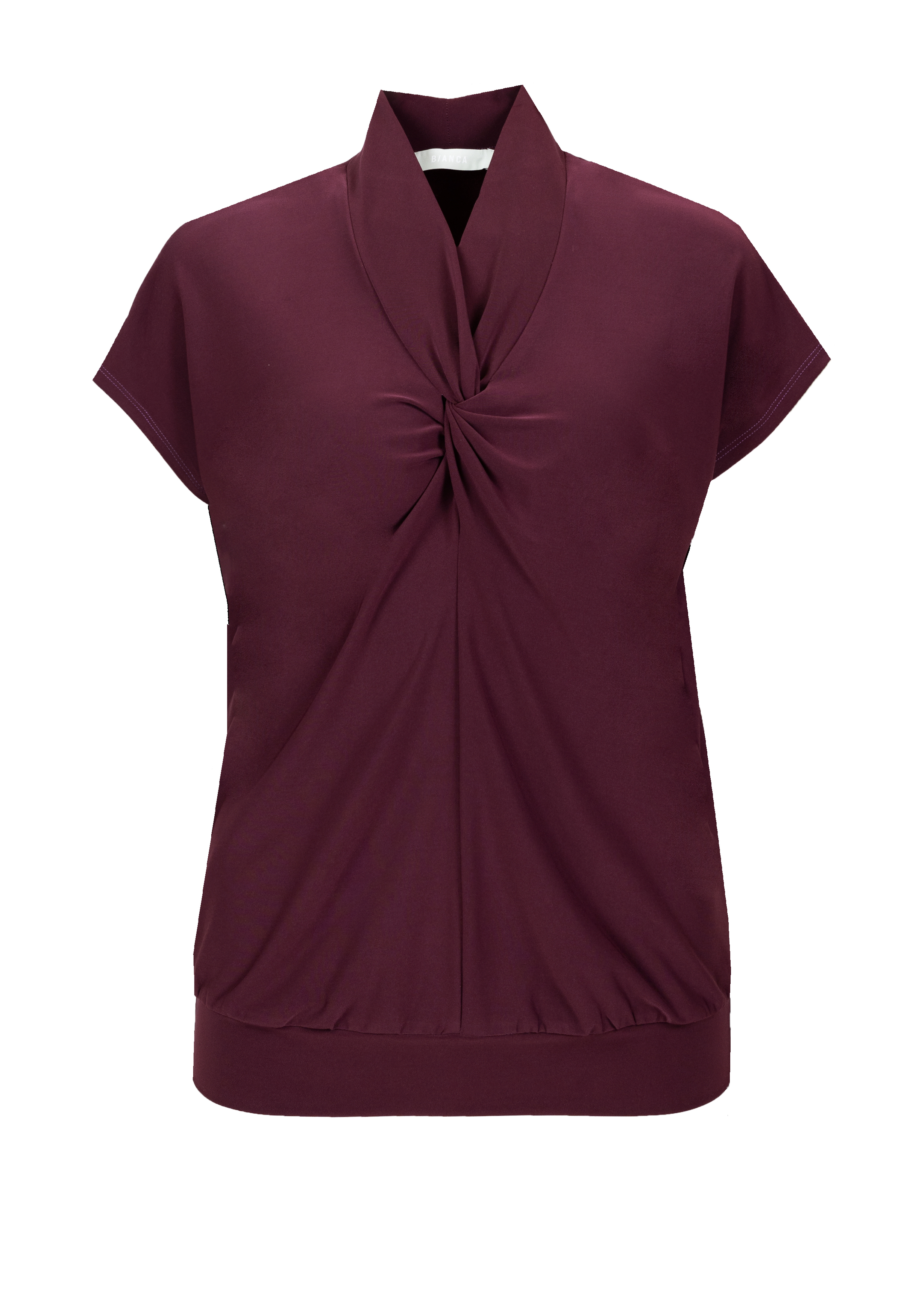 Eine kurzärmelige Bluse in tiefem Burgunderrot mit hohem, drapiertem Ausschnitt und einem Knotendetail vorne. Saum und Ärmel sind locker, der Stoff wirkt weich und leicht dehnbar.