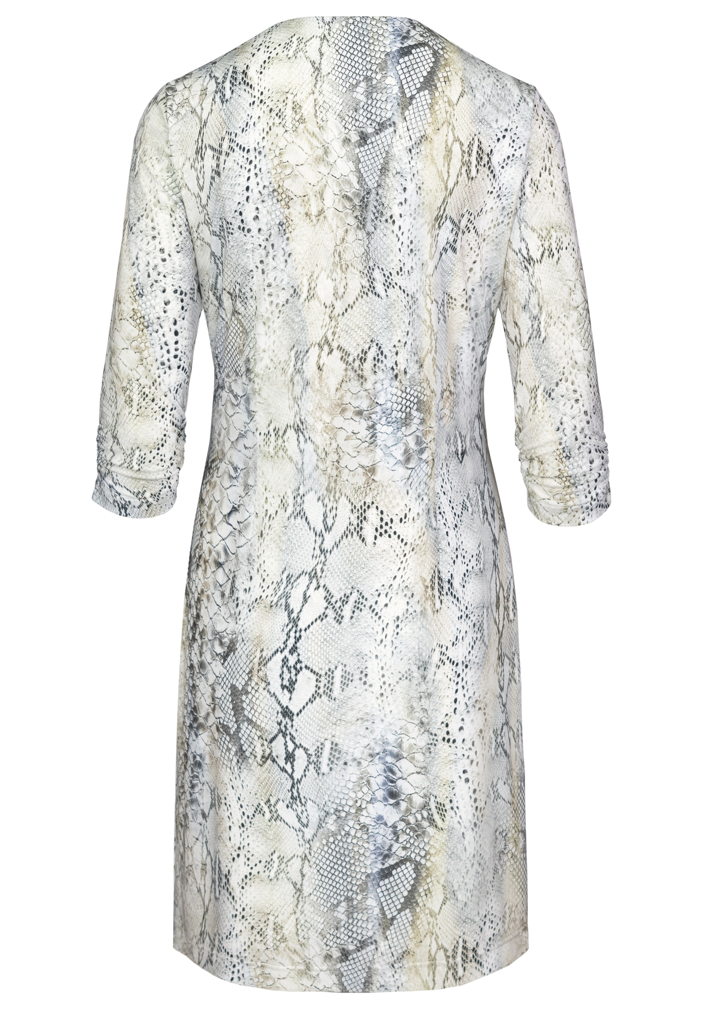 Ein knielanges Kleid mit langen Ärmeln, mit einem hellgrauen und beigen Schlangenhautmuster, von hinten gezeigt.