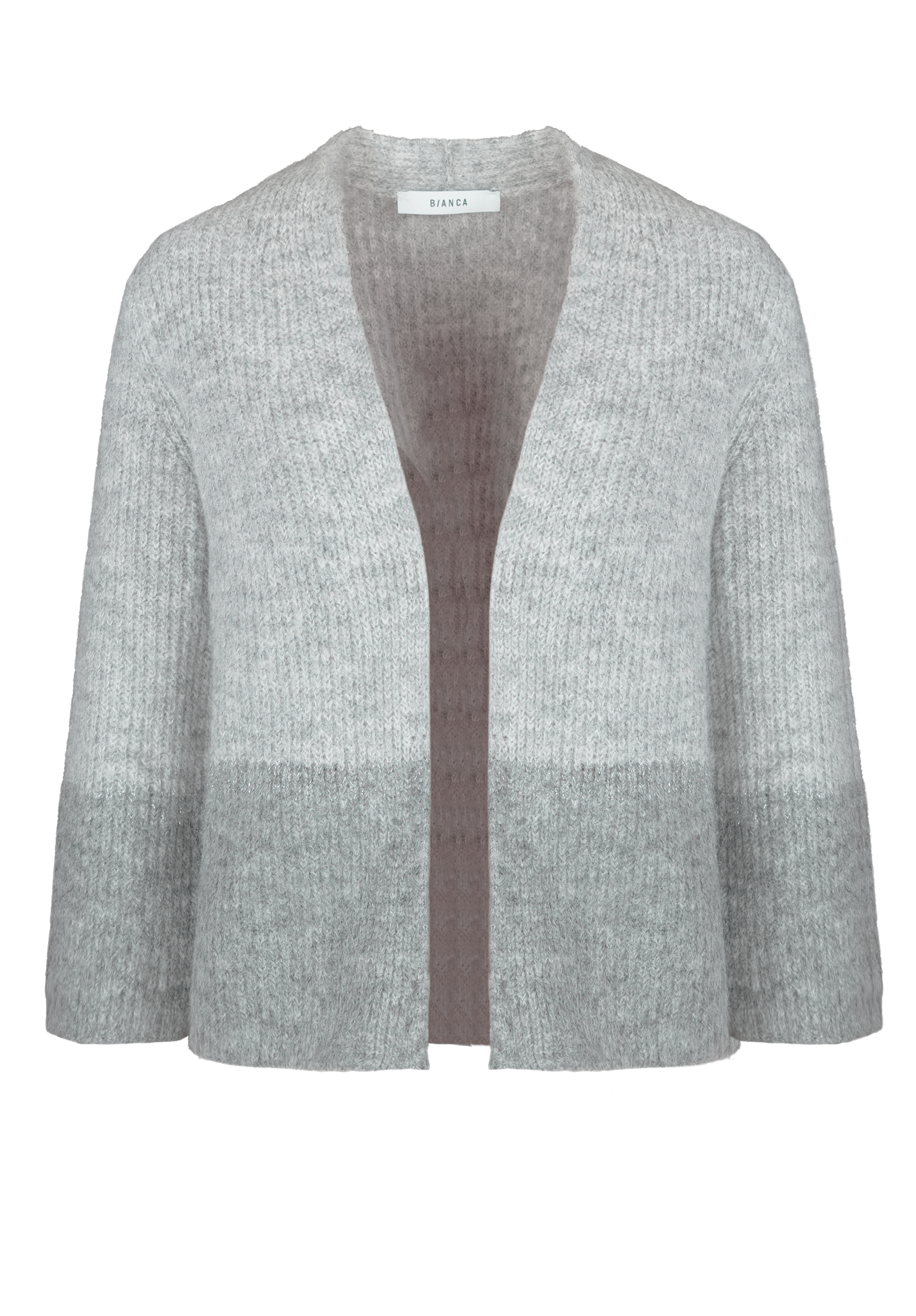 Hellgraue, vorne offene Strickjacke mit langen Ärmeln und gerippter Textur. Der untere Teil ist in einem dunkleren Grauton gehalten, wodurch ein Farbblock-Effekt entsteht.
