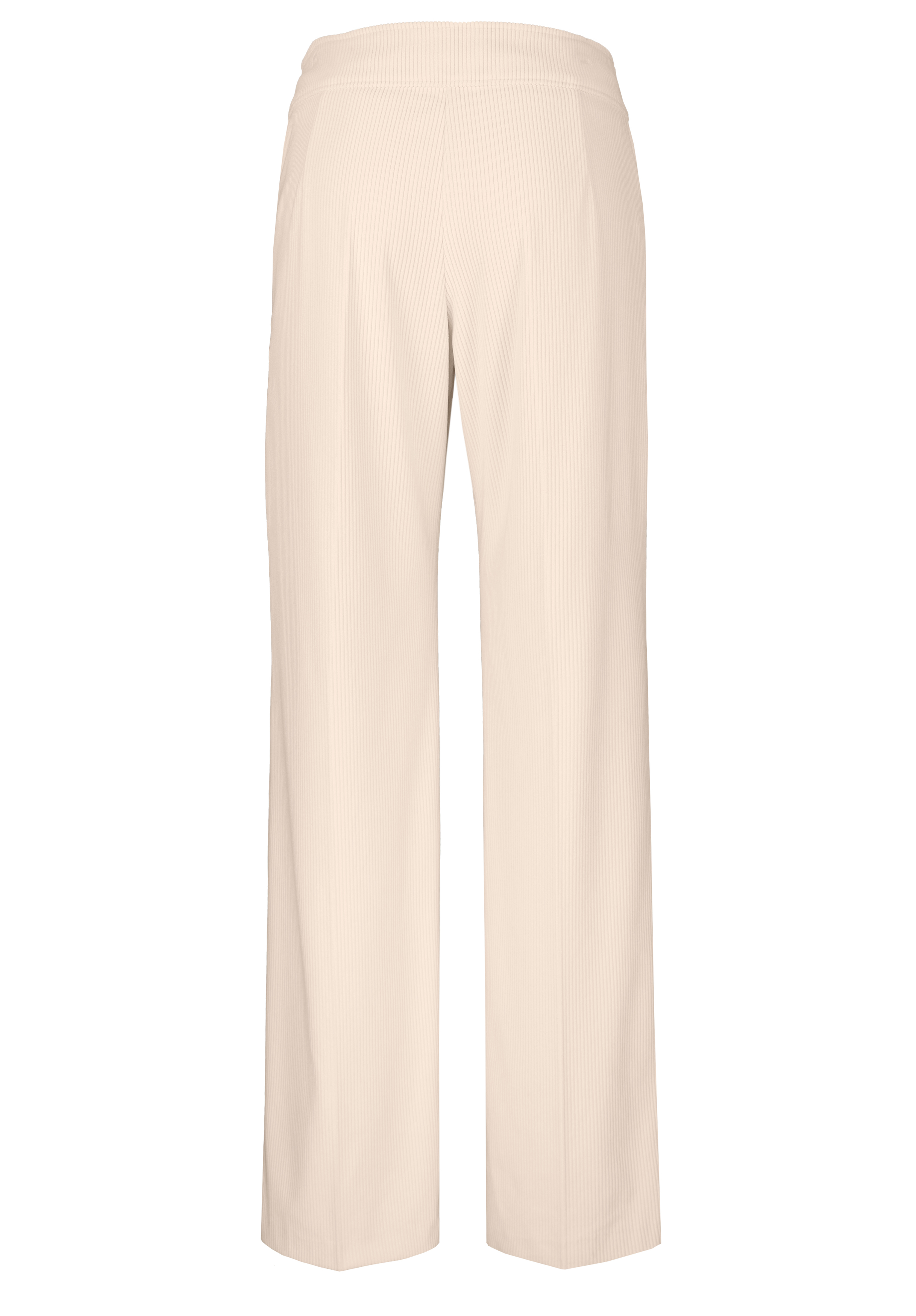 Beige Hose mit hoher Taille und weitem Bein und dezenten vertikalen Nadelstreifen, von hinten auf weißem Hintergrund abgebildet.