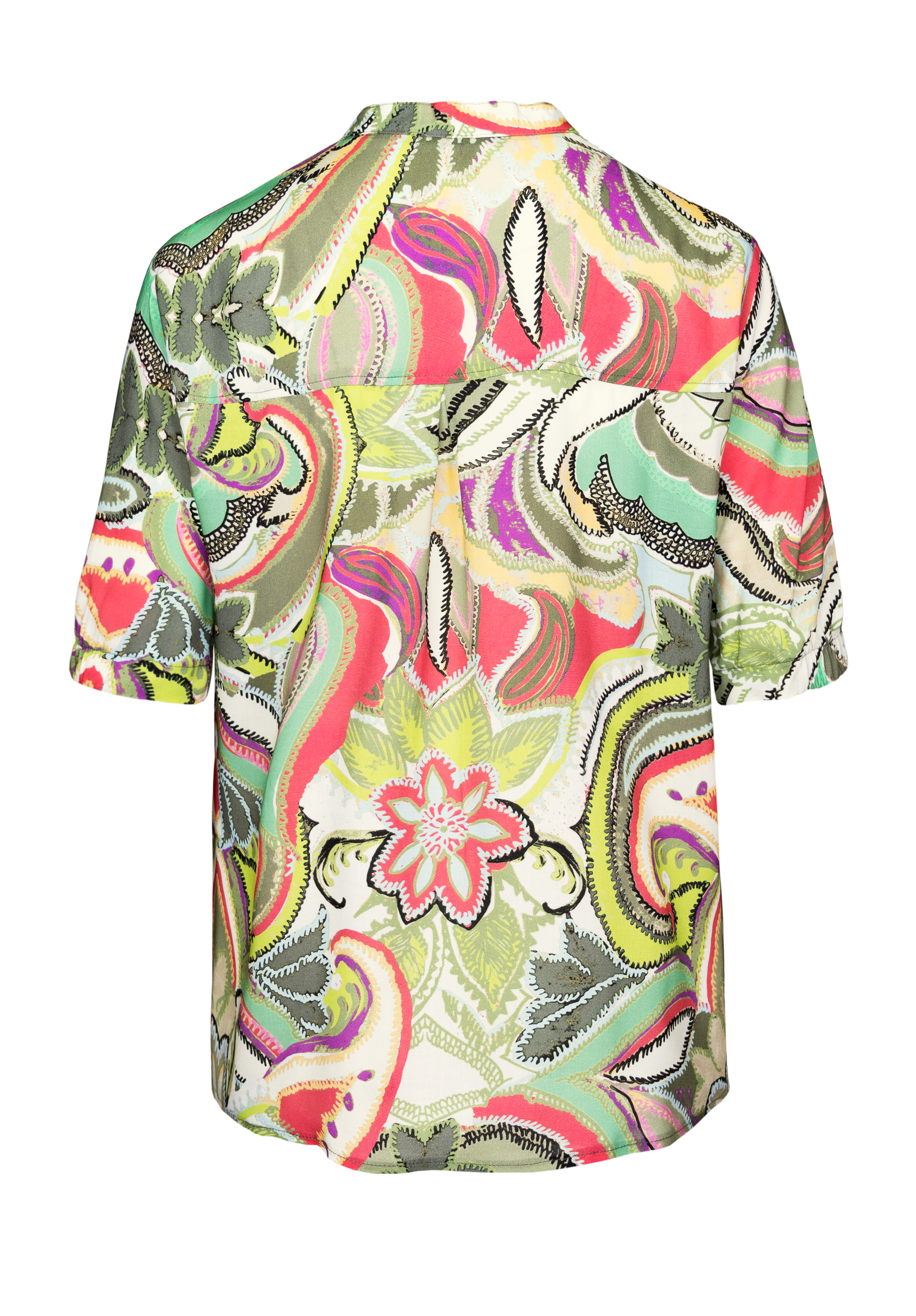 Ein kurzärmeliges Shirt mit einem lebendigen, mehrfarbigen abstrakten Muster mit Wirbeln, Blumen und Blattformen in Grün, Rosa, Gelb, Schwarz und Weiß. Das Shirt ist von hinten abgebildet.