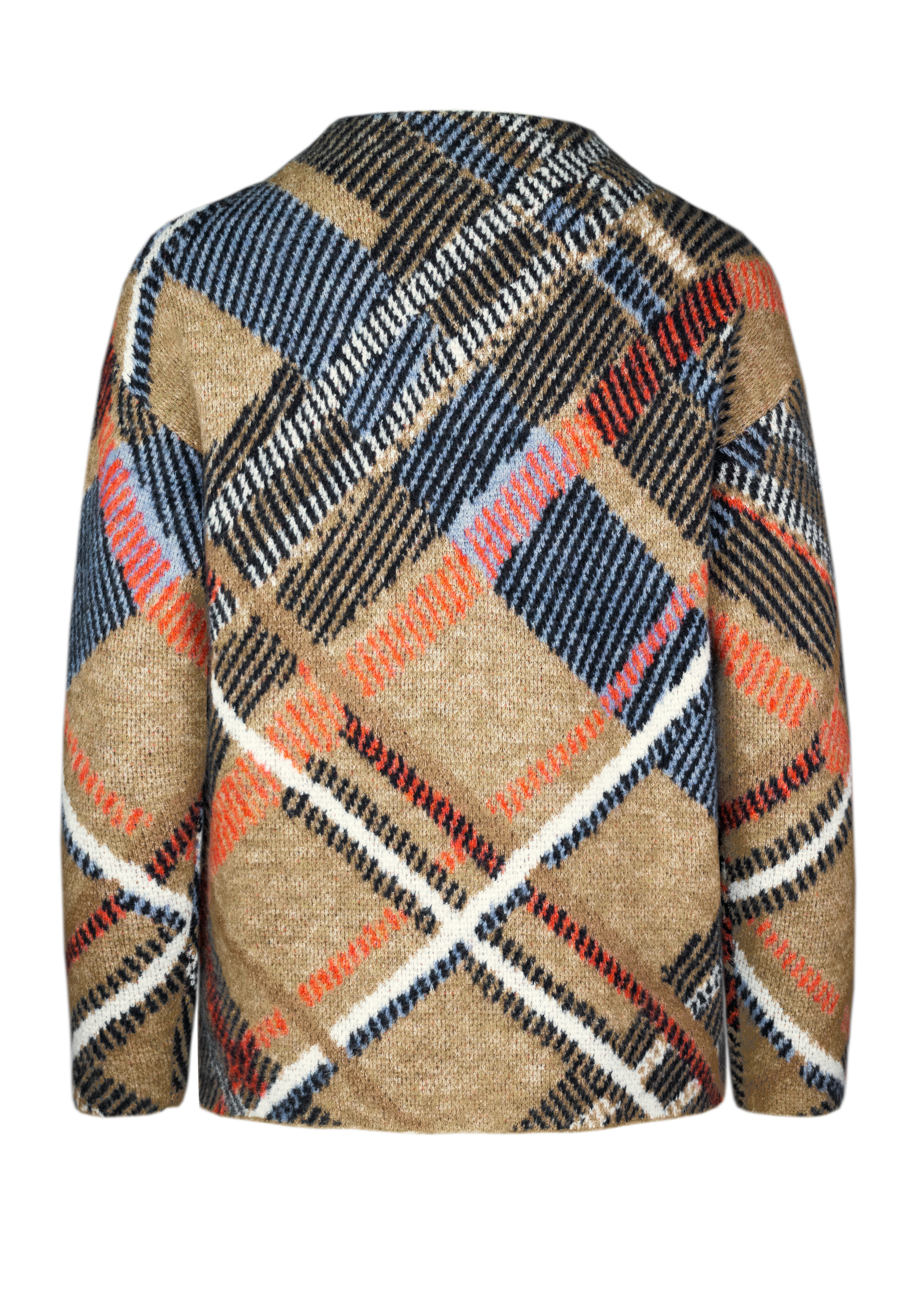 Rückenansicht eines gemütlichen Pullovers mit einem auffälligen Karomuster in den Farben Hellbraun, Marineblau, Weiß, Schwarz und Orange. Der Pullover hat lange Ärmel und eine weiche, flauschige Textur.