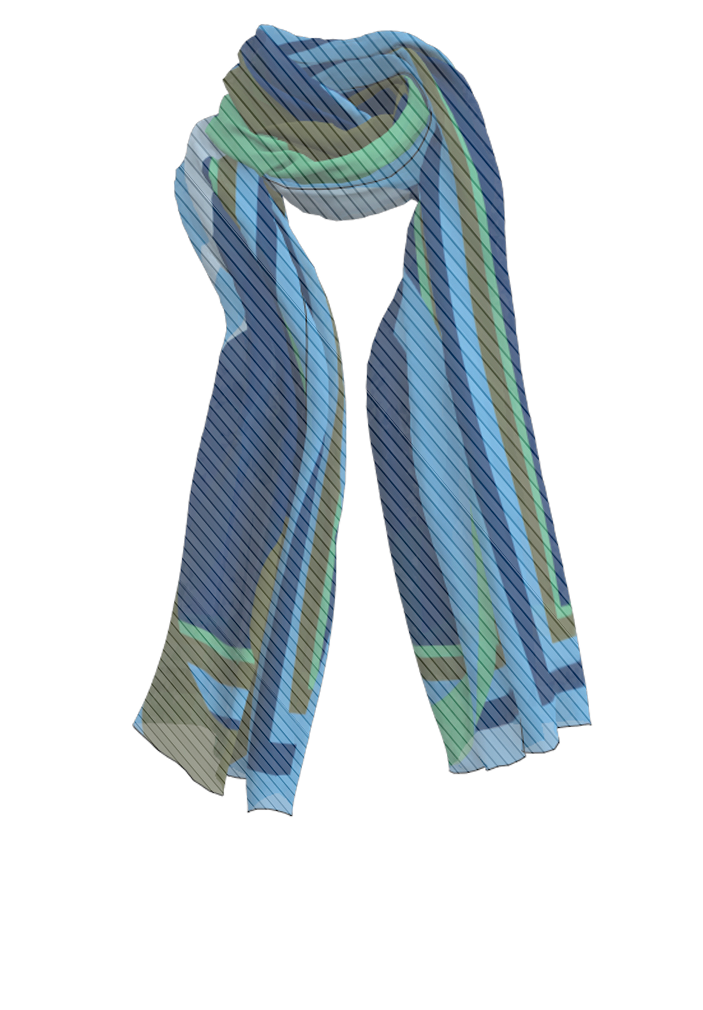 Ein langer, leichter Schal mit diagonalen Streifen in Blau- und Grüntönen, die ein geometrisches Muster bilden. Der Schal ist in einer lockeren Schlaufe vor einem schlichten weißen Hintergrund drapiert.