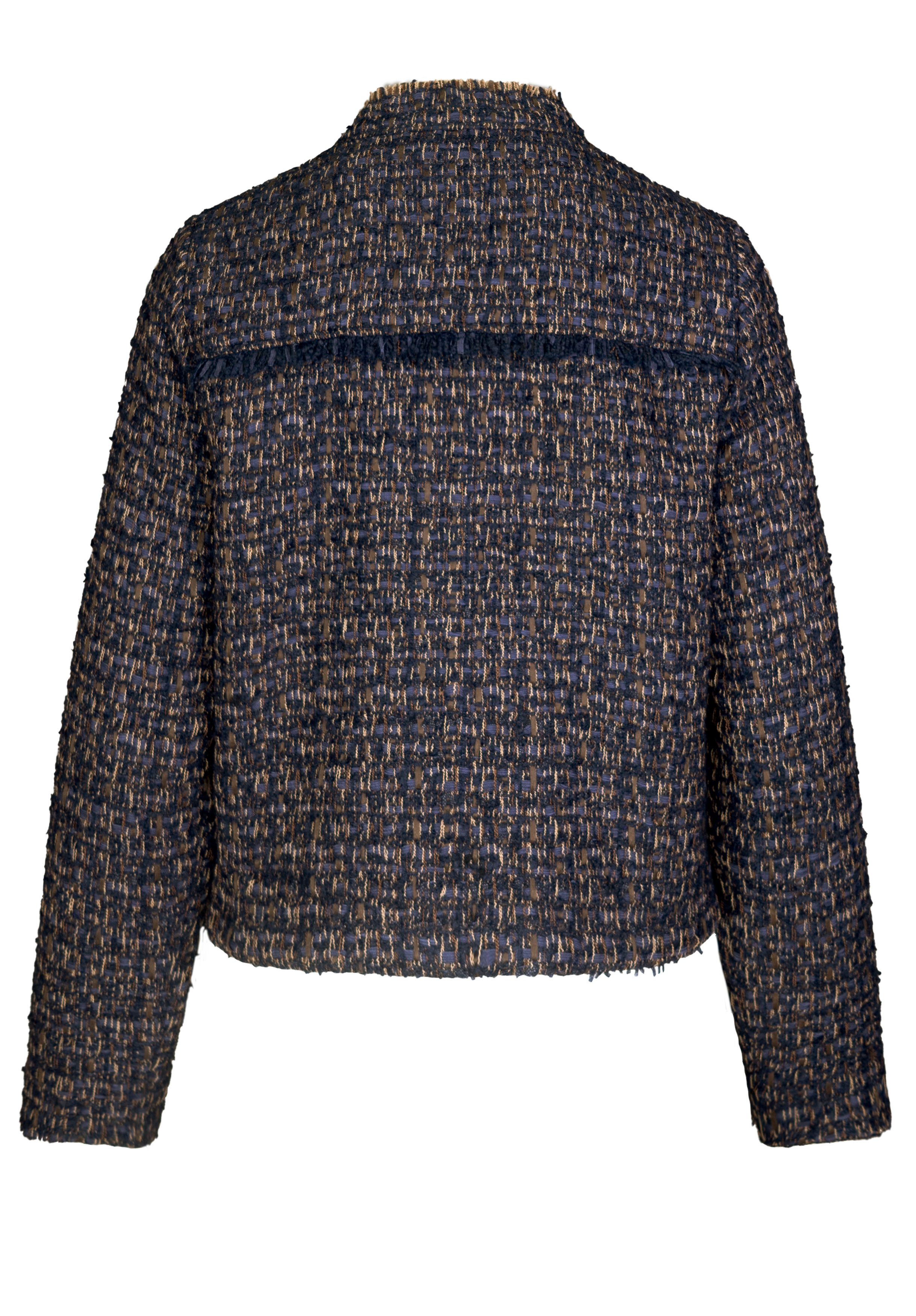 Rückenansicht einer langärmeligen, strukturierten Tweedjacke in Marineblau und Beigetönen mit geradem Saum und taillierter Passform.