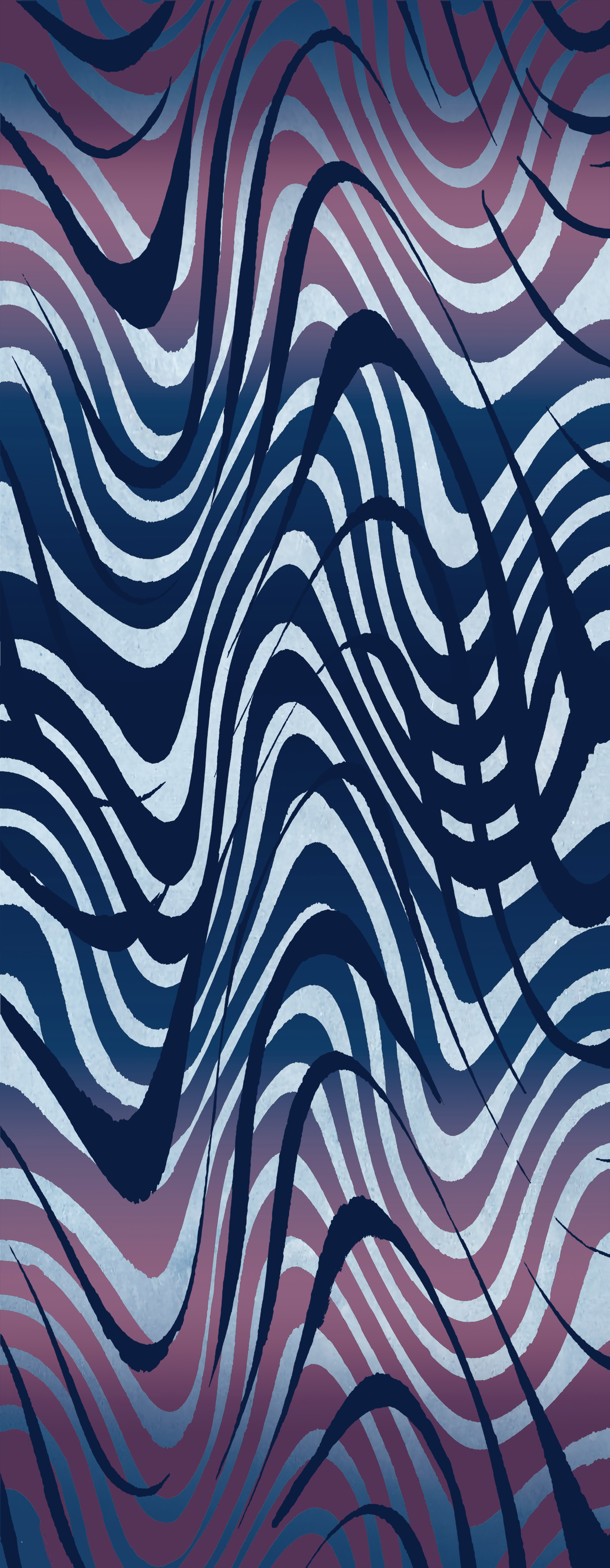 Abstraktes Muster aus gewellten, sich überlagernden Linien in Blau-, Weiß- und Lila-Tönen, die ein Gefühl von Bewegung und Tiefe im Bild erzeugen. Die Linien bilden eine wellenförmige, zebraähnliche Textur.