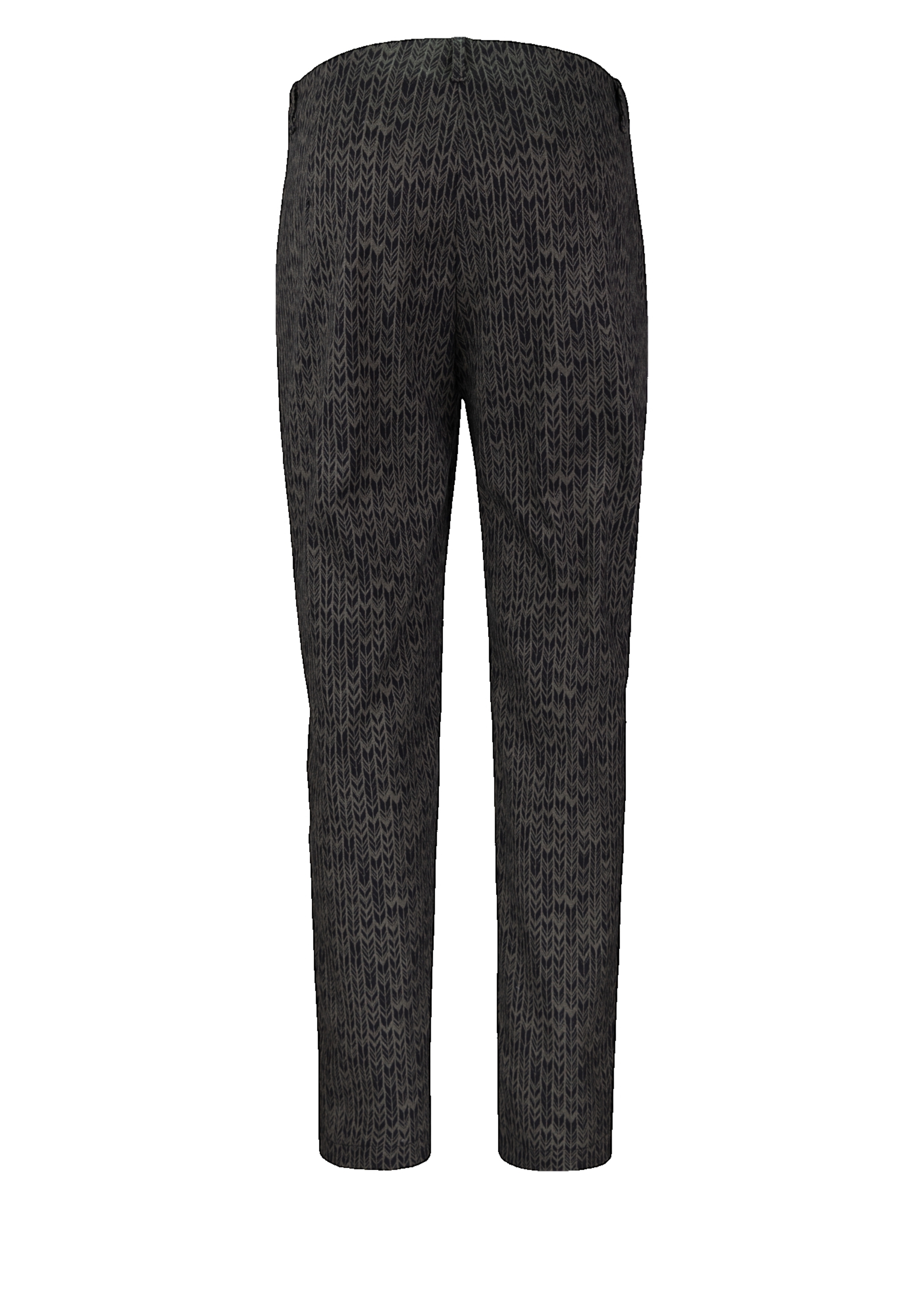 Rückansicht einer dunkelfarbigen Hose mit dezentem, strukturiertem Wellenmuster. Die Hose hat einen geraden Schnitt und keine sichtbaren Taschen oder Verzierungen.