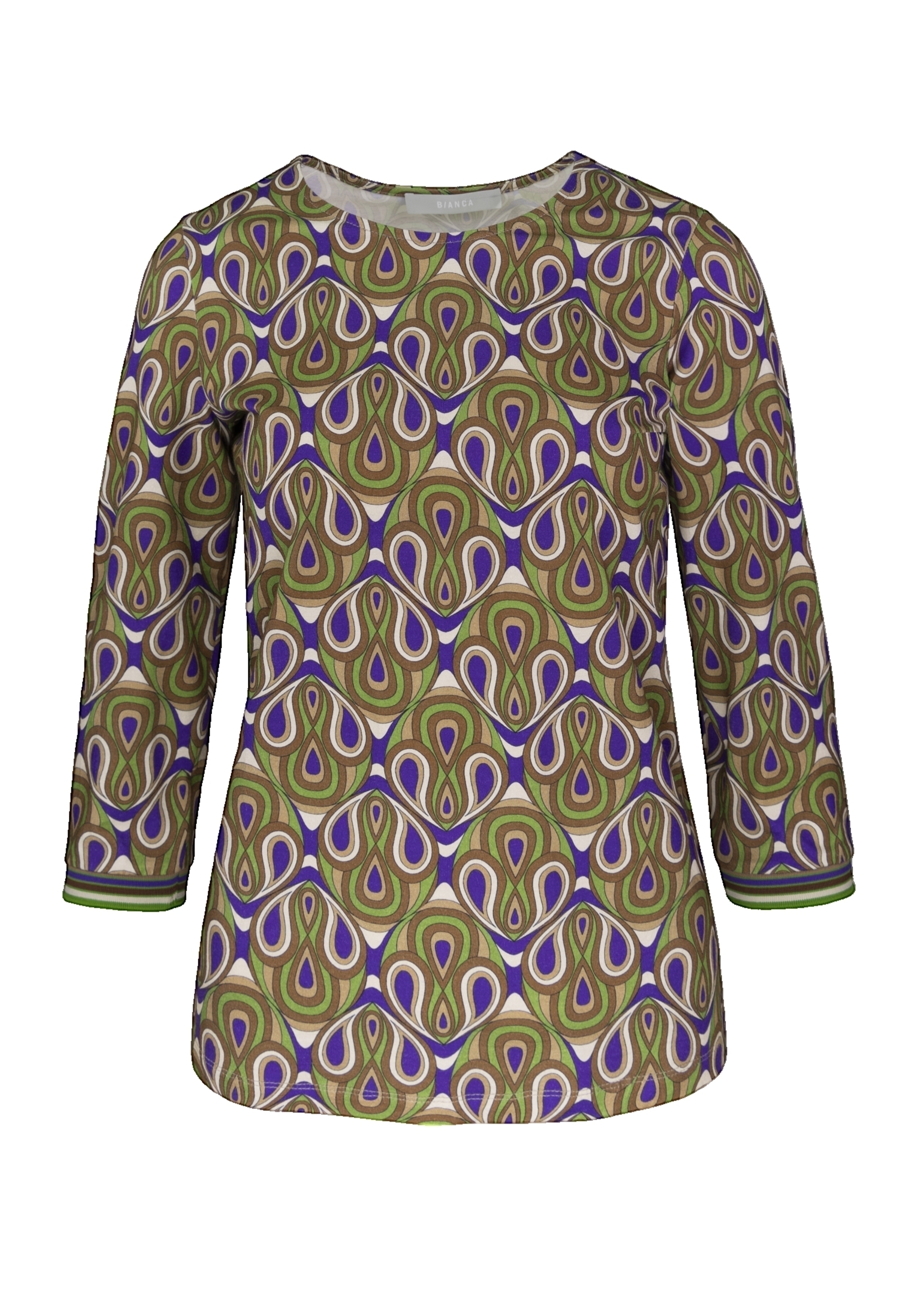 Ein langärmliges Damenoberteil mit geometrischem Retro-Muster in Olivgrün, Lila und Creme. Das Shirt hat einen runden Ausschnitt und eine taillierte Passform mit Dreiviertelärmeln.