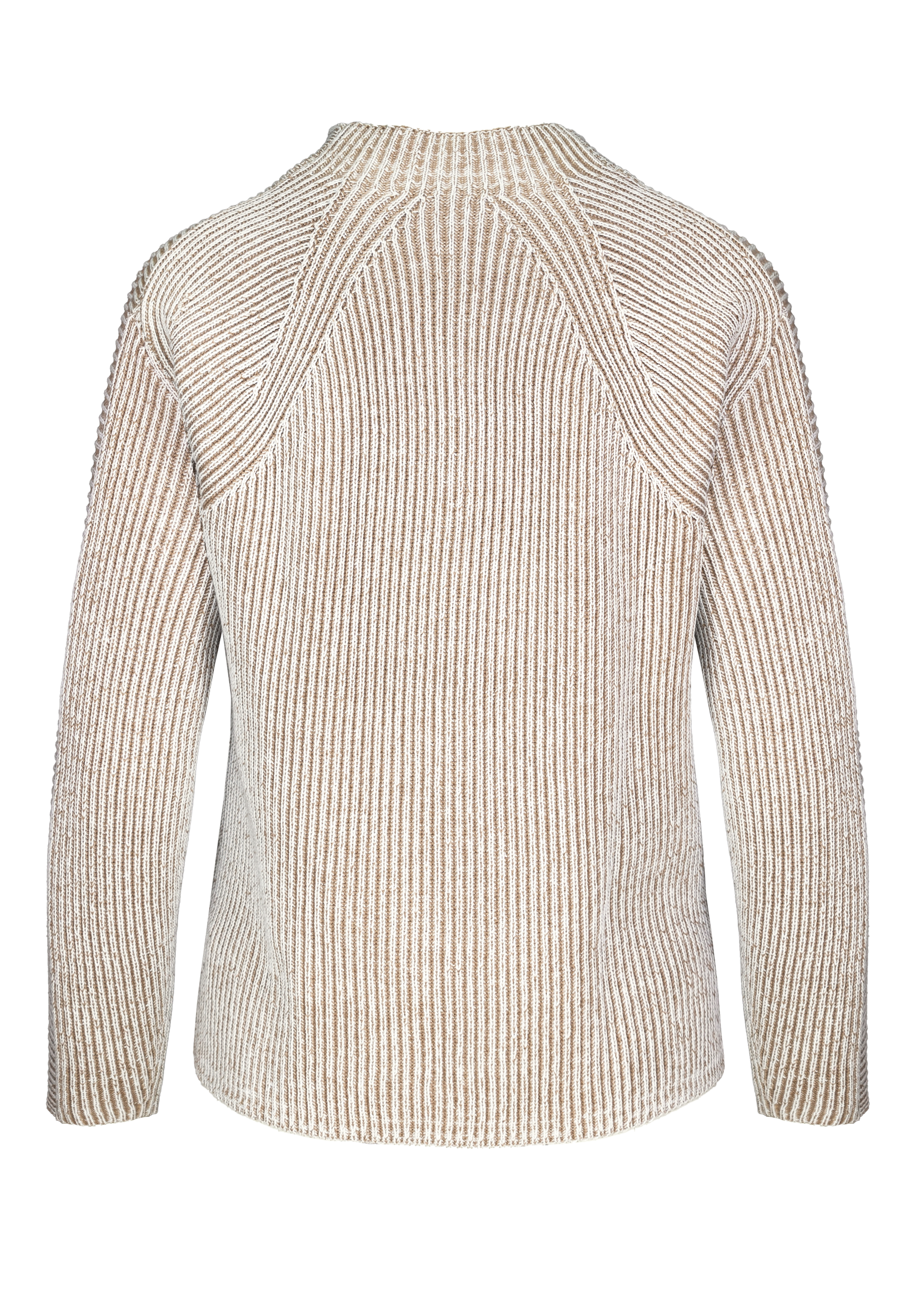 Rückansicht eines langärmligen Rippstrickpullovers in Beige und Creme mit nahtlosem Design und rundem Ausschnitt.