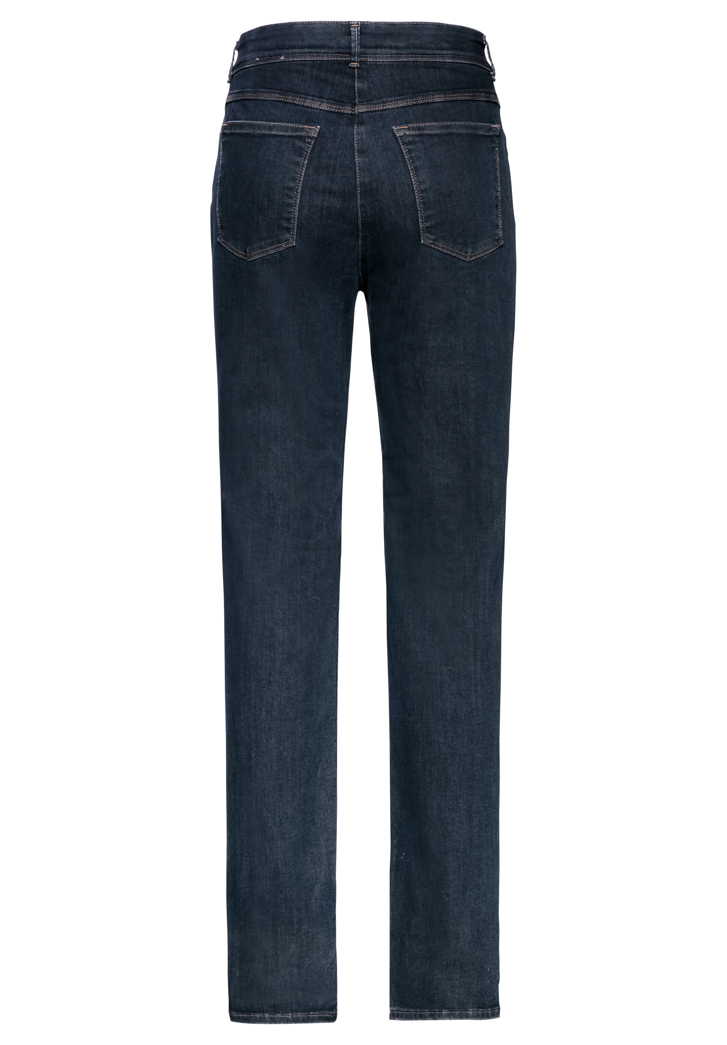 Rückansicht einer dunkelblauen Denim-Jeans mit zwei Gesäßtaschen und sichtbaren Nähten, dargestellt vor einem schlichten weißen Hintergrund.