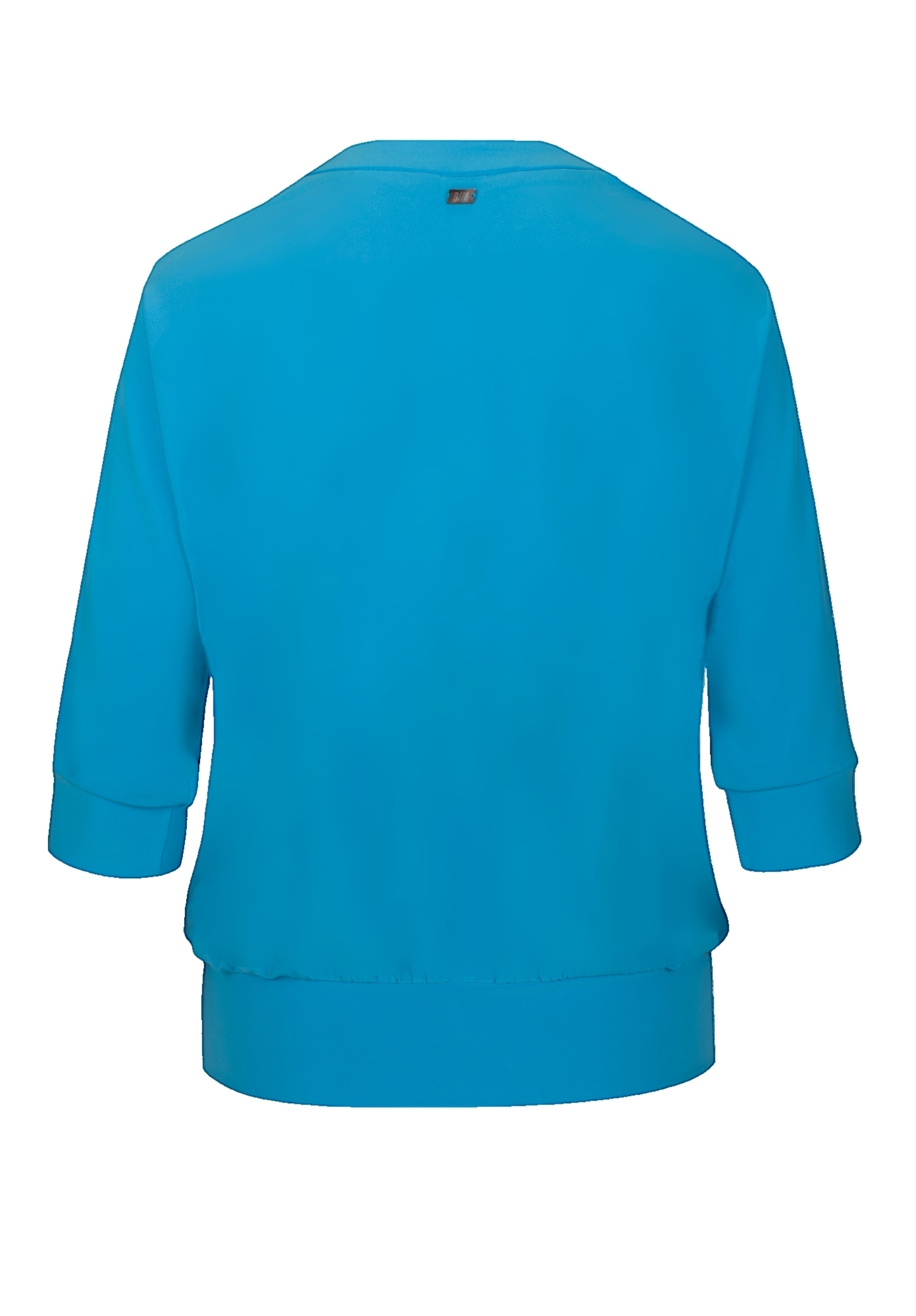 Ein leuchtend blaues, kurzärmeliges, locker sitzendes Oberteil von hinten betrachtet, mit breitem Saum und Bündchen in einfachem, schlichtem Design.