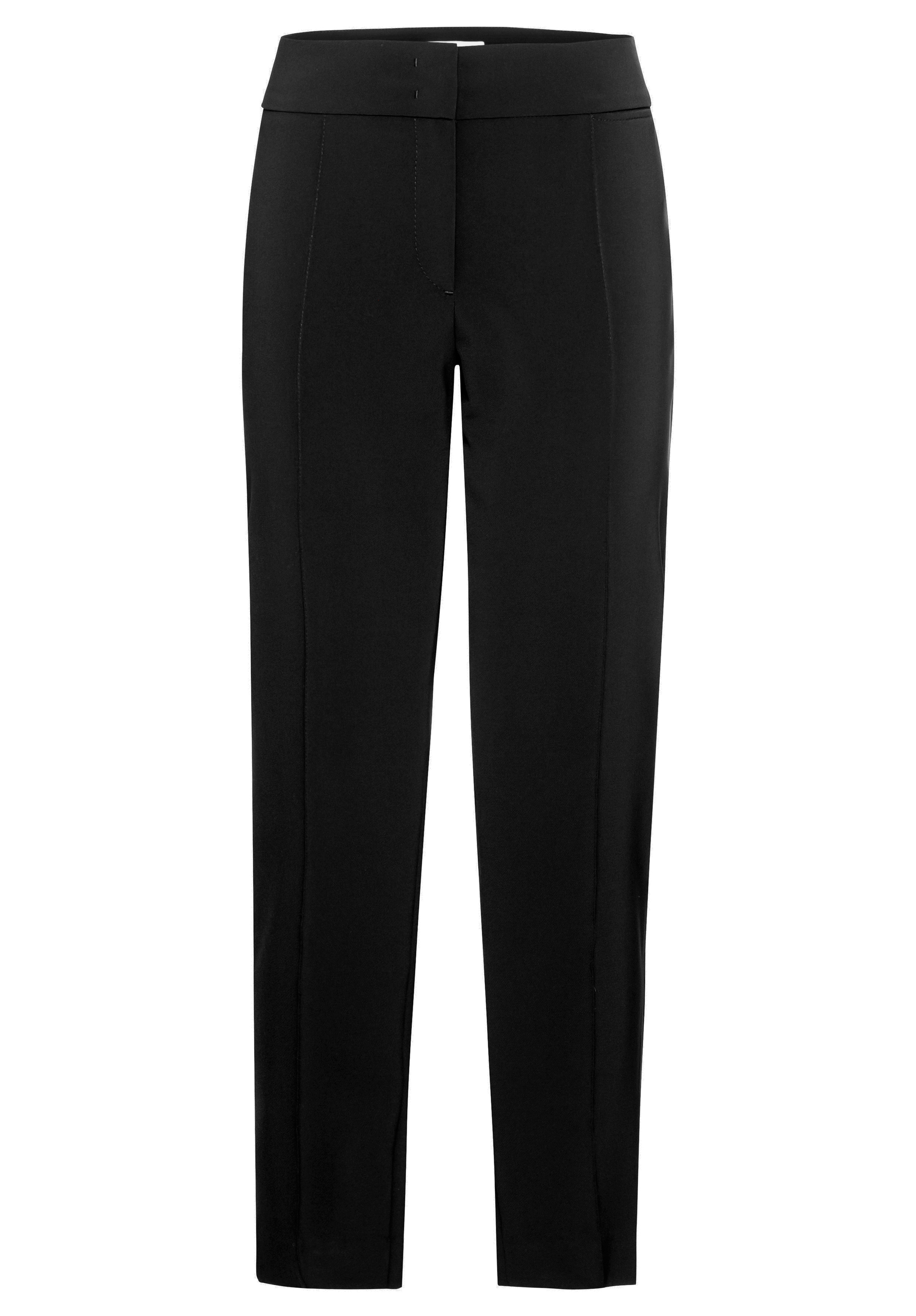 Schwarze, taillierte Anzughose mit hoher Taille und geradem Bein, mit einer Ziernaht an der Vorderseite jedes Hosenbeins und einem verdeckten Verschluss am Bund. Die Hose besticht durch einen klaren, minimalistischen Stil.
