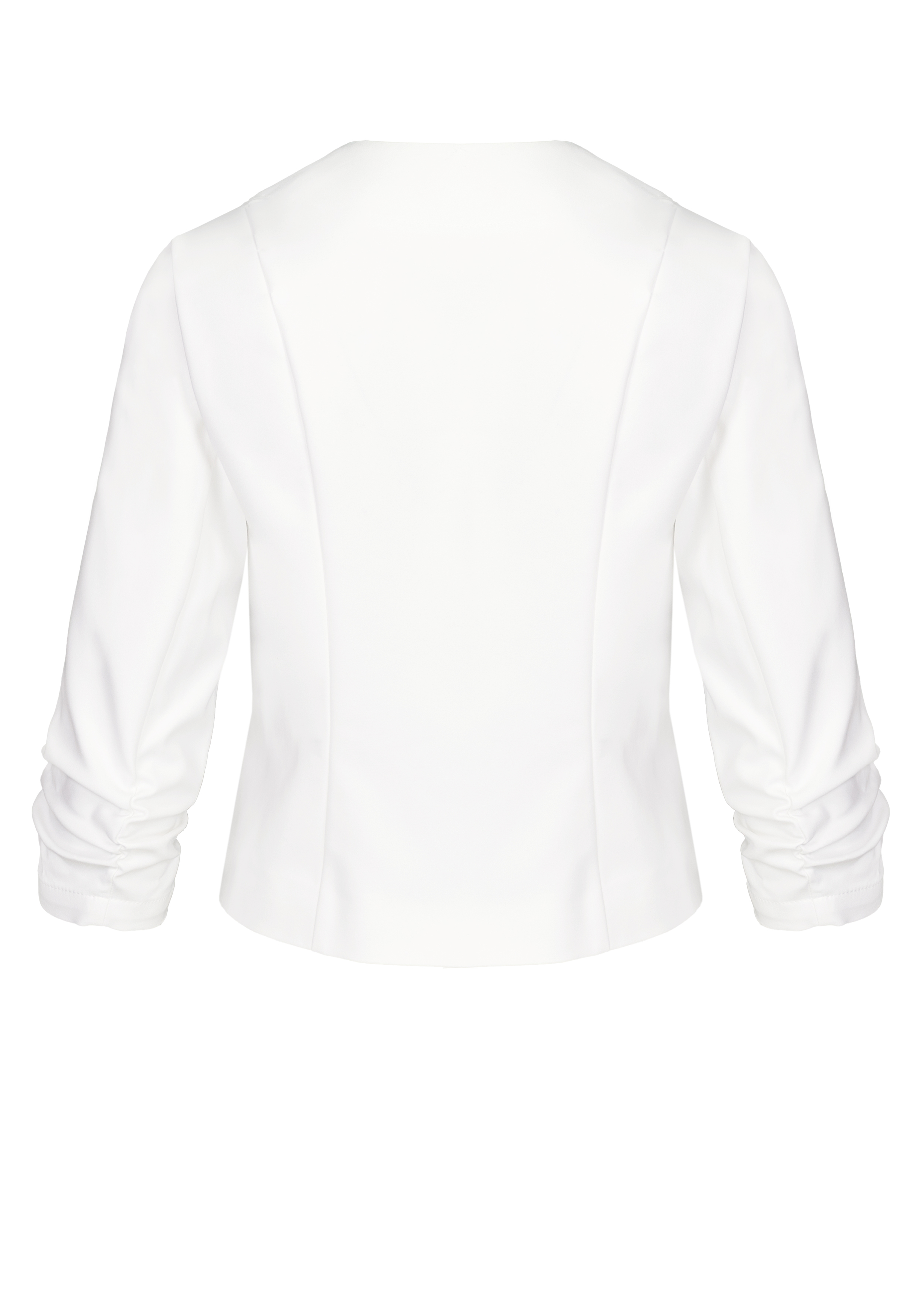 Rückansicht eines weißen, langärmligen, maßgeschneiderten Blazers mit gerüschten Ärmeln und Prinzessnähten, auf einem schlichten weißen Hintergrund.
