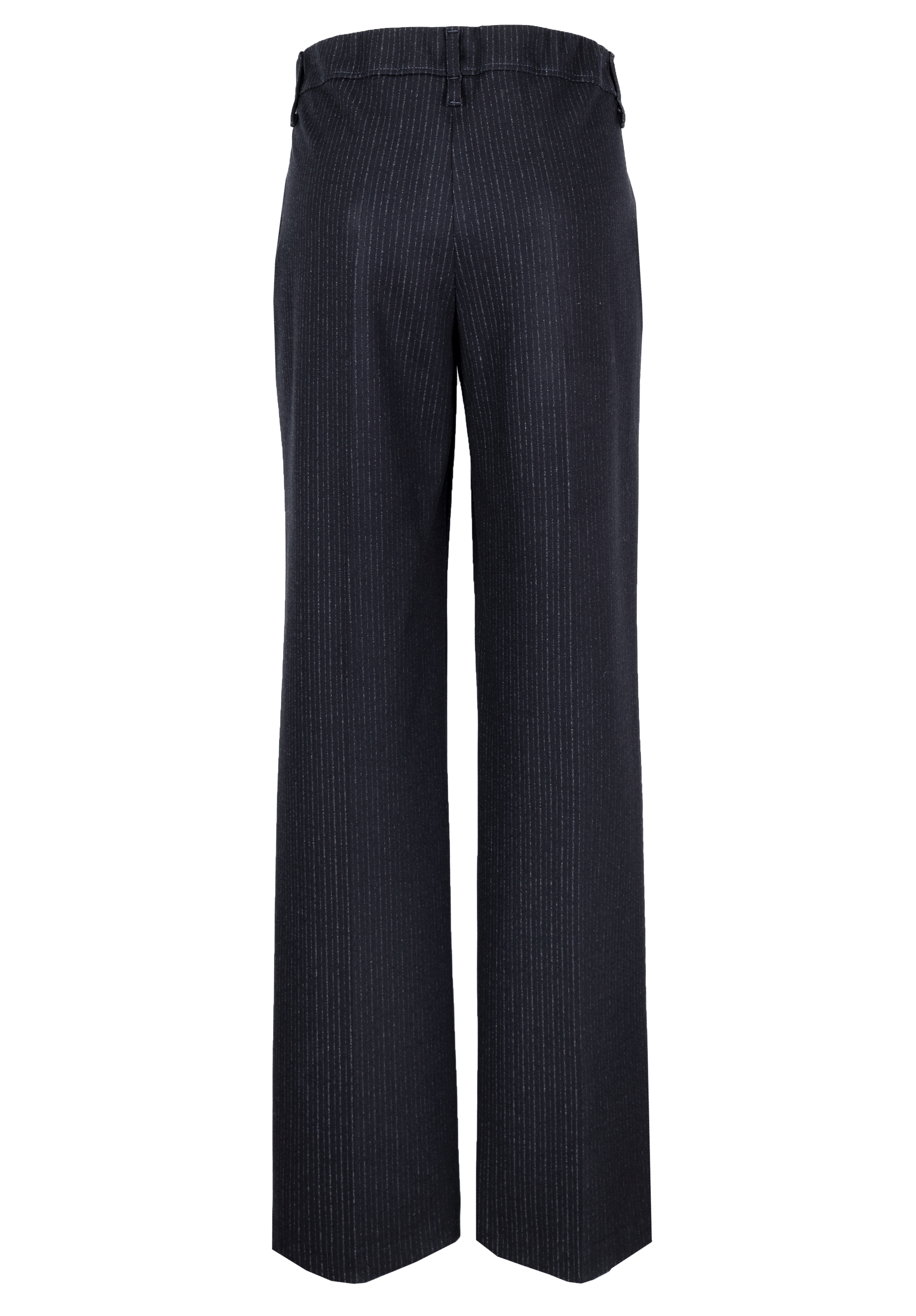 Eine dunkle Nadelstreifenhose mit weitem Bein von hinten gesehen, mit Gürtelschlaufen und geradem Saum.