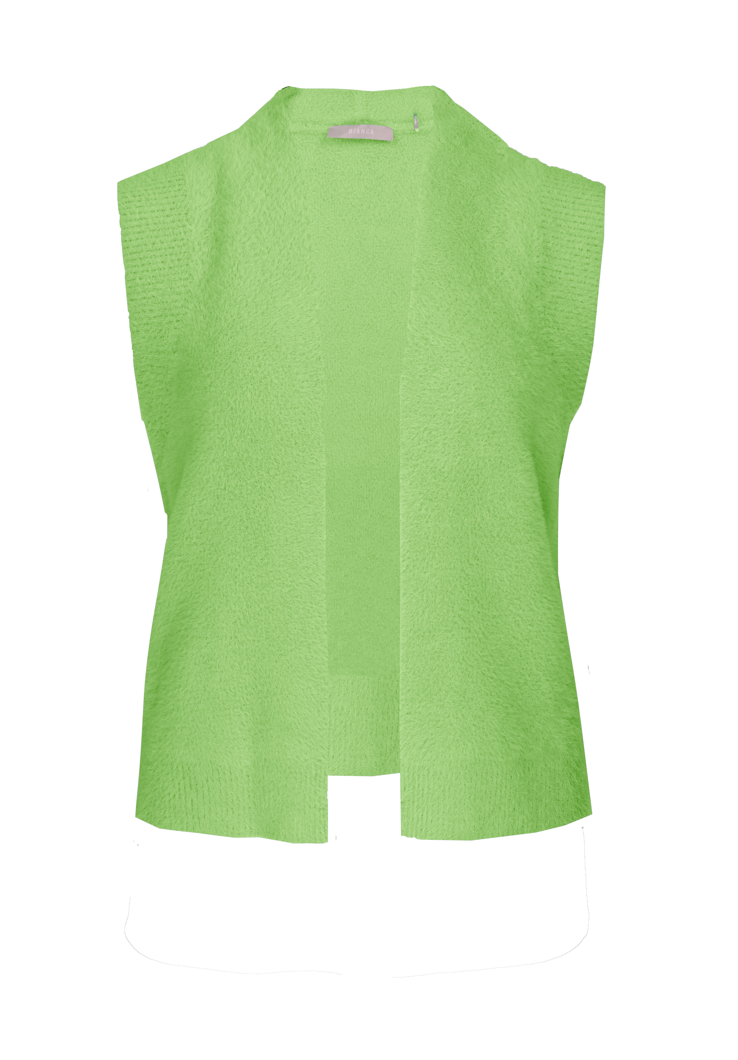 Ärmellose Weste mit offener Vorderseite aus hellgrünem Strukturstoff auf weißem Hintergrund. Die Weste hat eine lockere Passform und keine sichtbaren Knöpfe oder Verschlüsse.