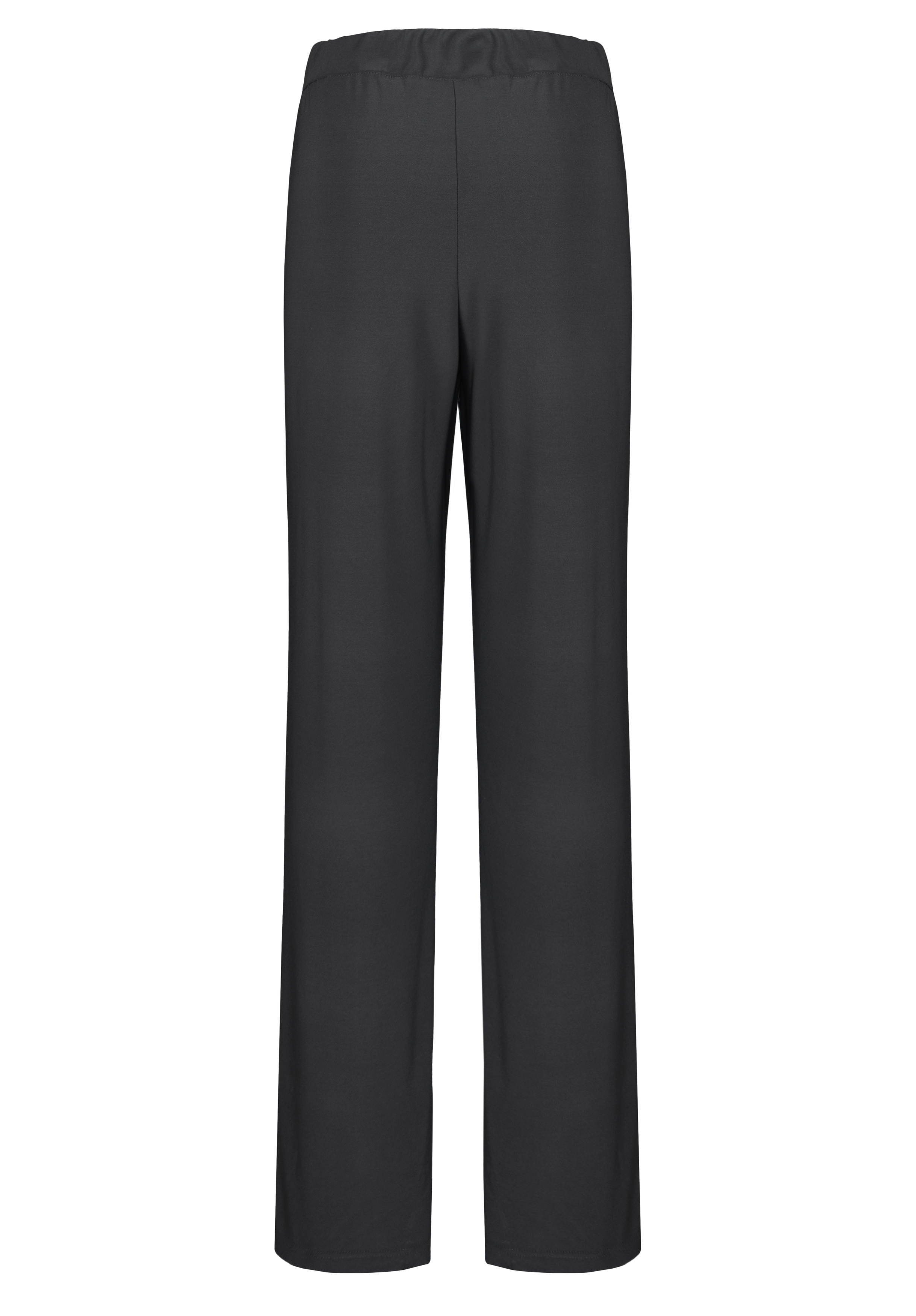 Schwarze Hose mit geradem Bein und elastischem Bund, von hinten auf einem schlichten weißen Hintergrund abgebildet. Der Stoff wirkt glatt und leicht locker sitzend.