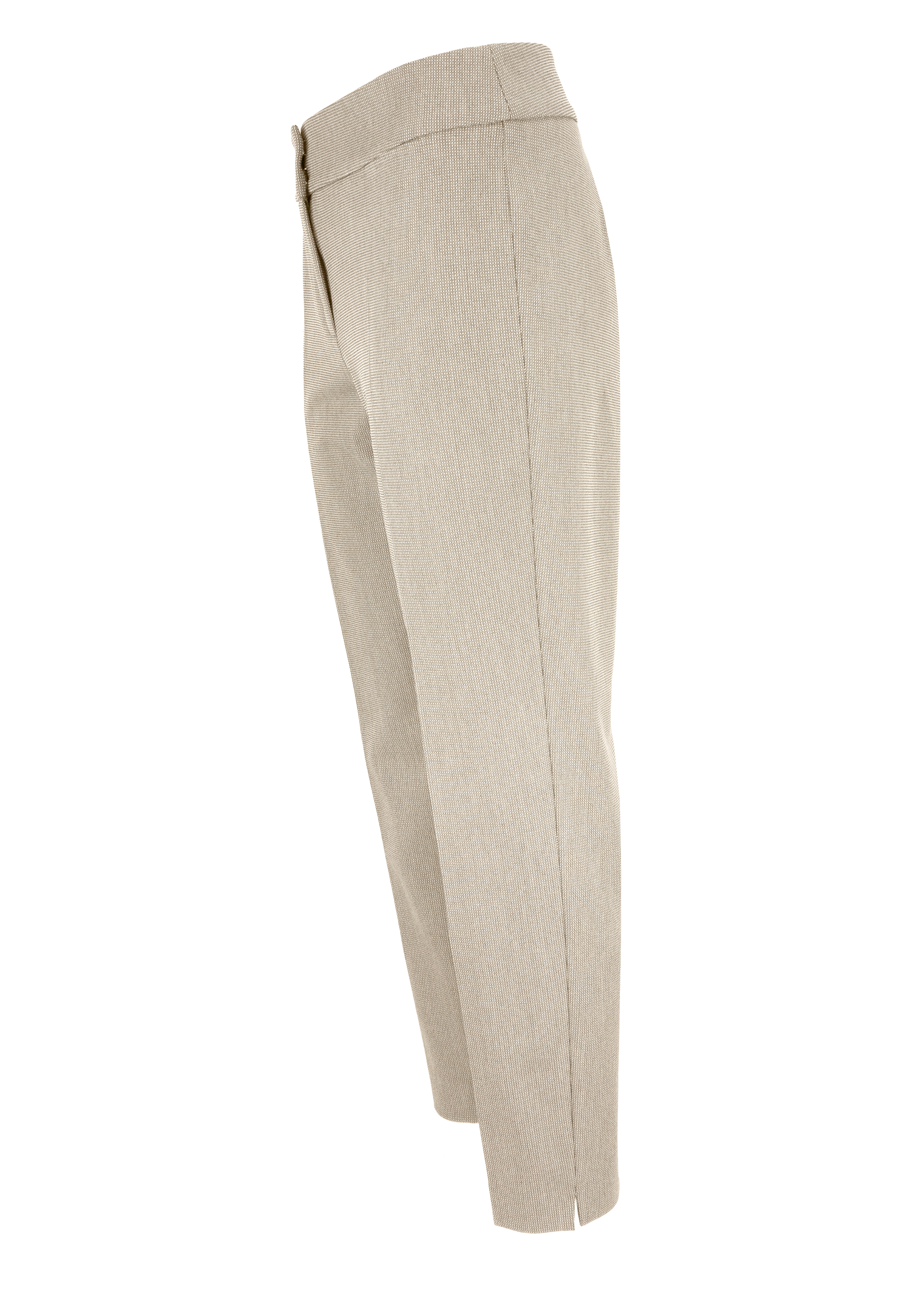 Seitenansicht einer hellbeigen Hose mit geradem Bein, hoher Taille und Bügelfalte vorne, dargestellt auf weißem Hintergrund.