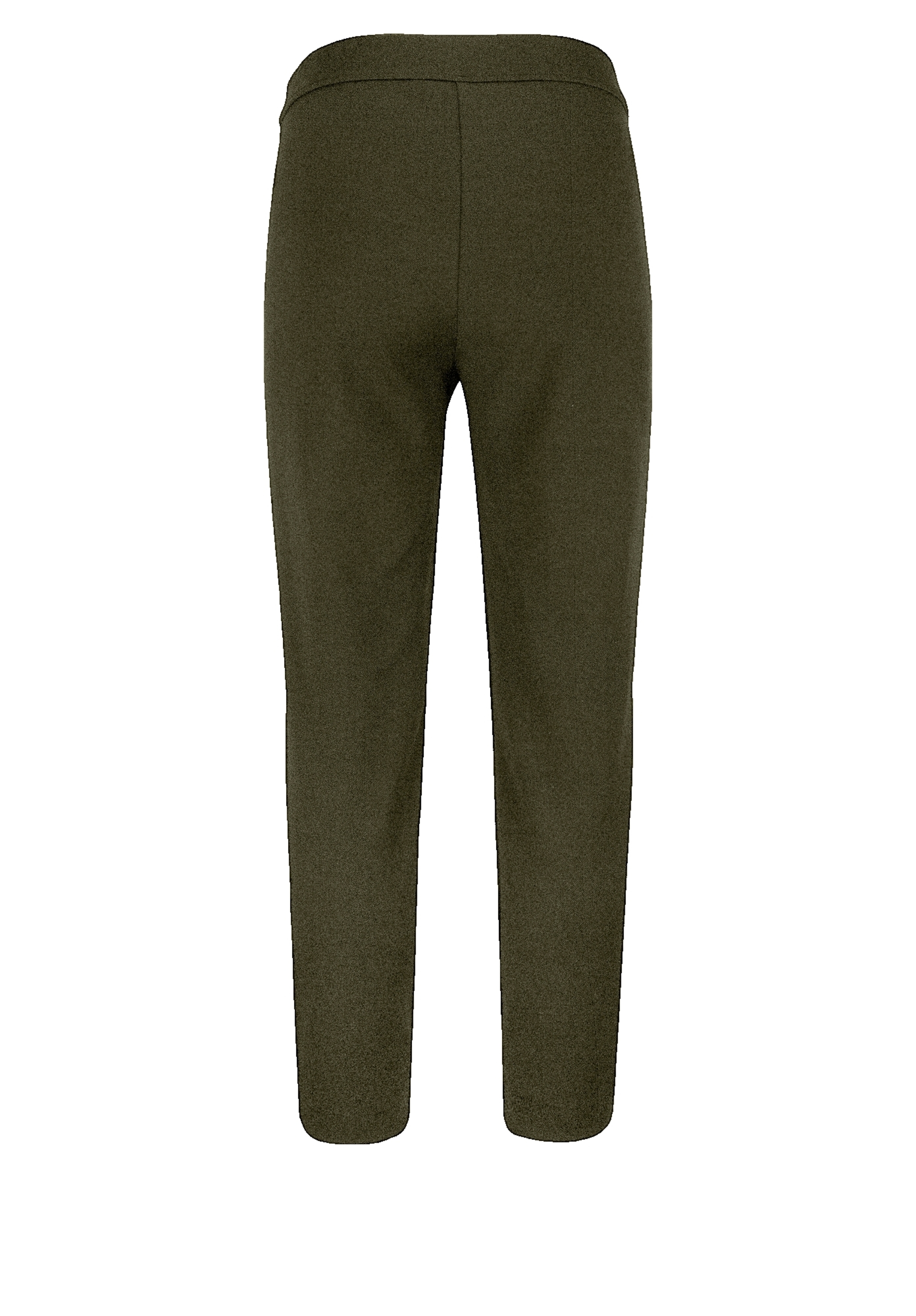Rückansicht einer olivgrünen, knöchellangen Hose mit schmaler Passform und elastischem Bund, abgebildet auf einem schlichten weißen Hintergrund.