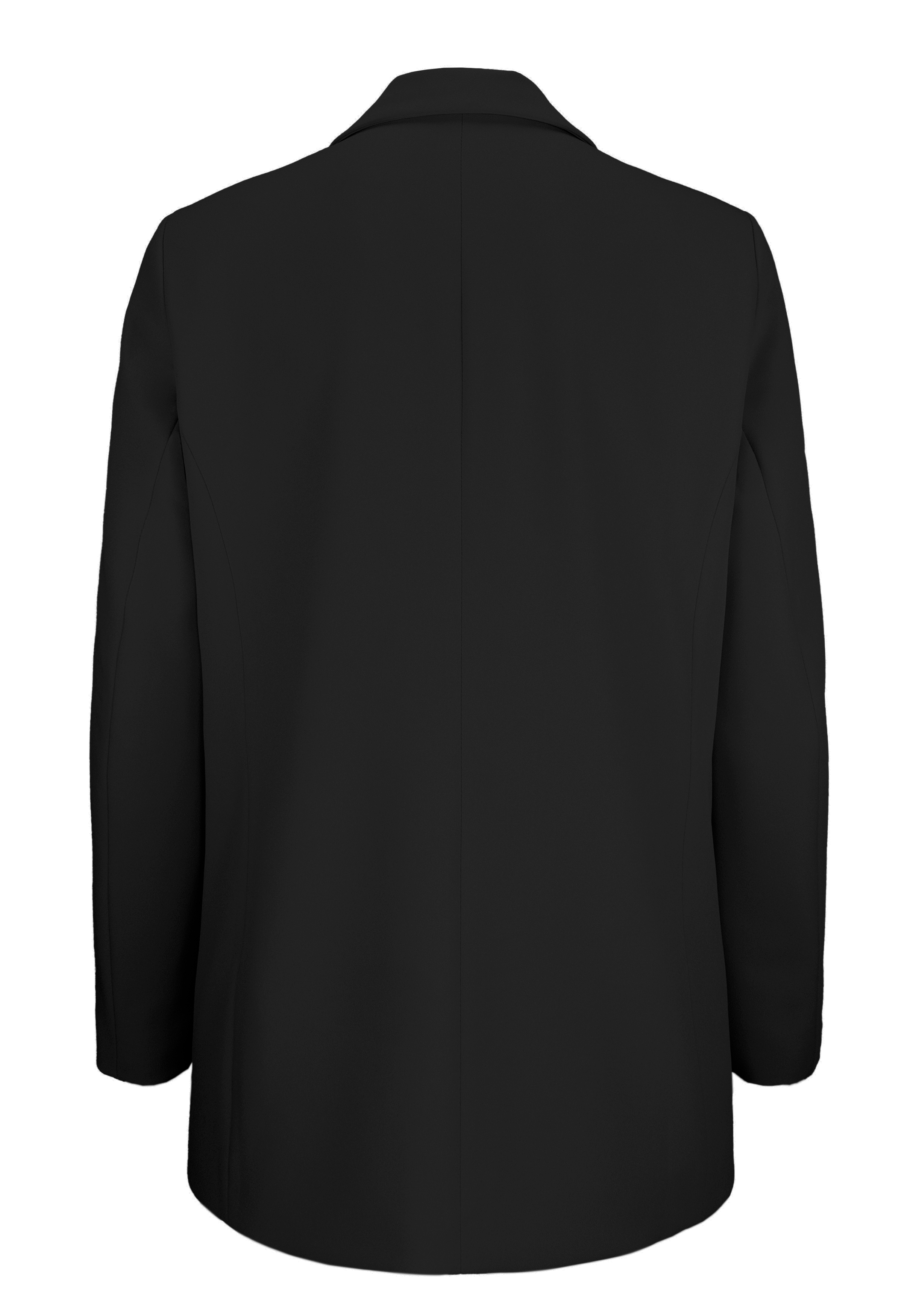Rückenansicht eines einfarbigen schwarzen Blazers mit langen Ärmeln, geradem Saum und gekerbtem Kragen, dargestellt vor einem weißen Hintergrund.
