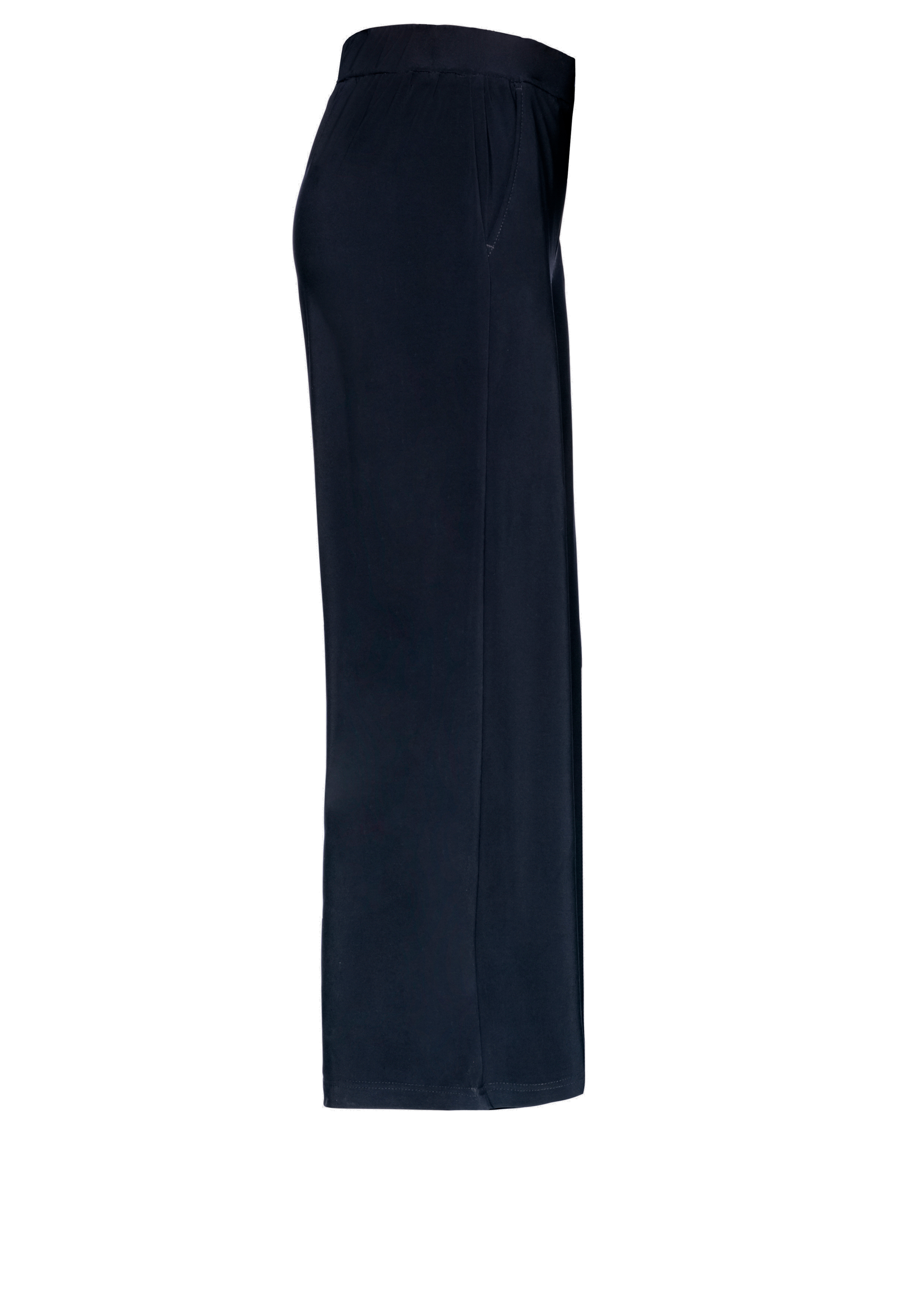 Seitenansicht einer locker sitzenden, marineblauen Hose mit elastischem Bund und Seitentaschen, dargestellt auf einem einfarbig weißen Hintergrund.