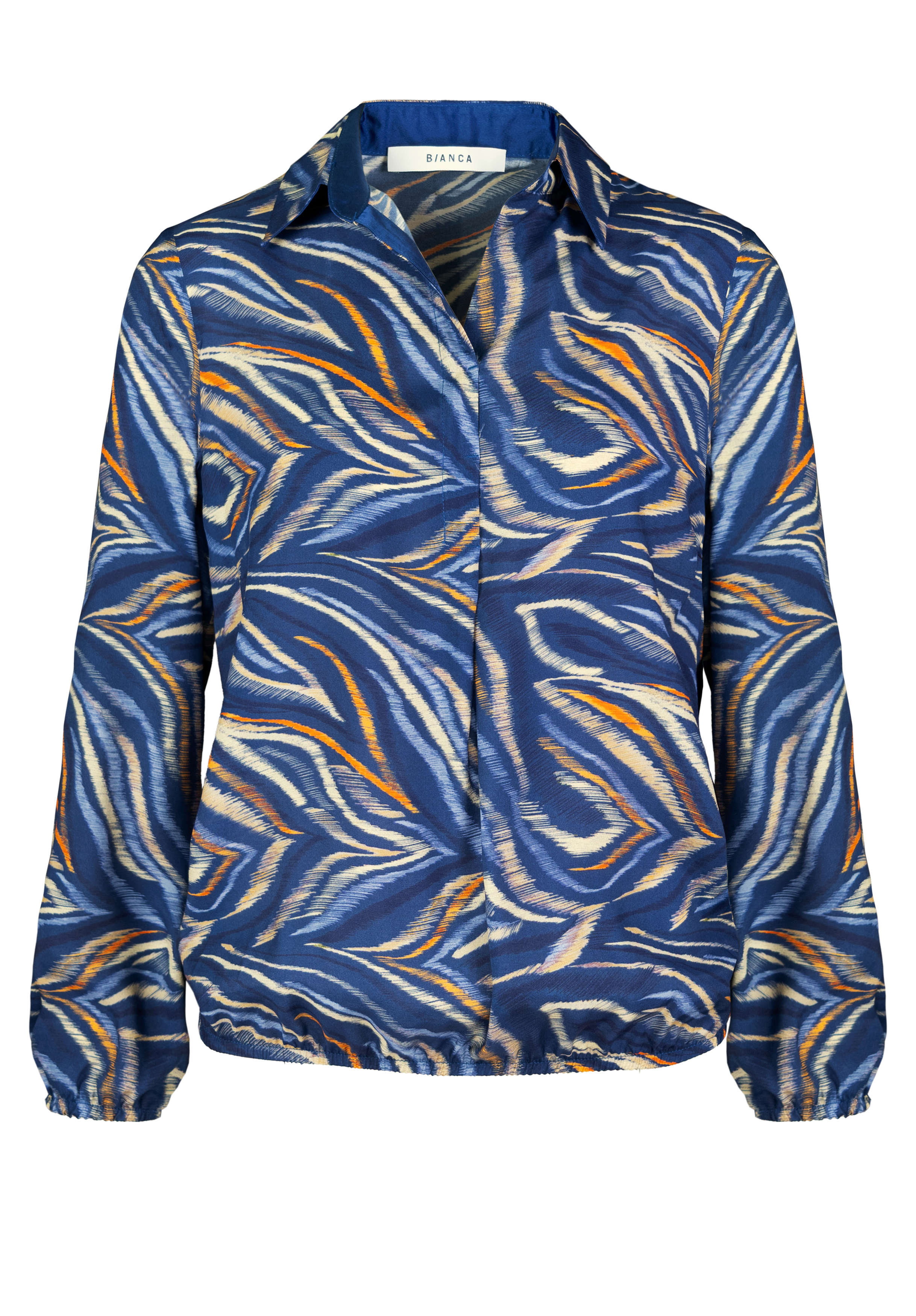 Druckbluse ADINA Langärmelige Bluse mit abstraktem Zebrastreifenmuster in Blau, Orange und Weiß, mit Kragen und elastischen Bündchen an Ärmeln und Saum.