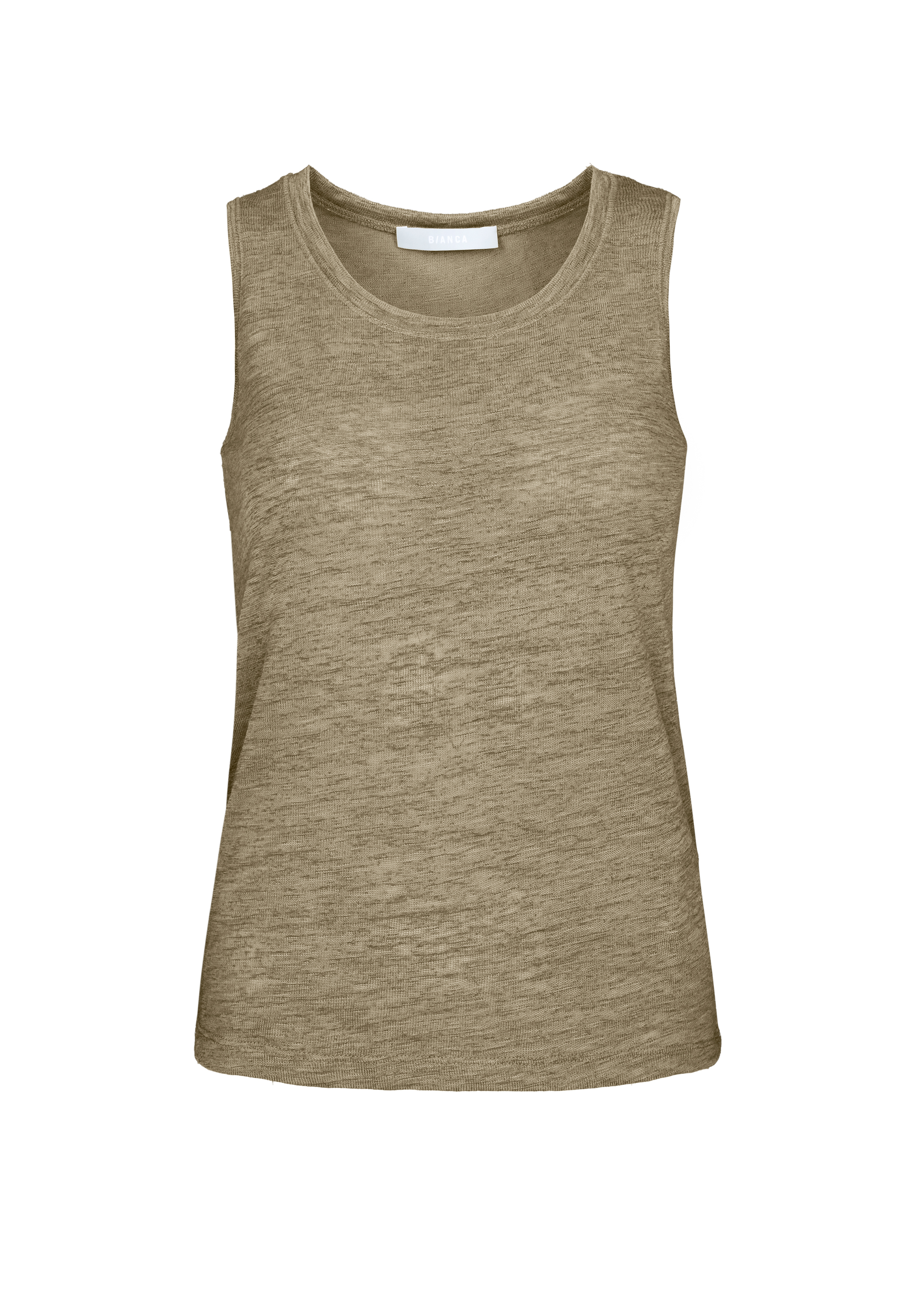 Ärmelloses, hellbraunes Tanktop mit rundem Ausschnitt, abgebildet auf schlichtem weißem Hintergrund.