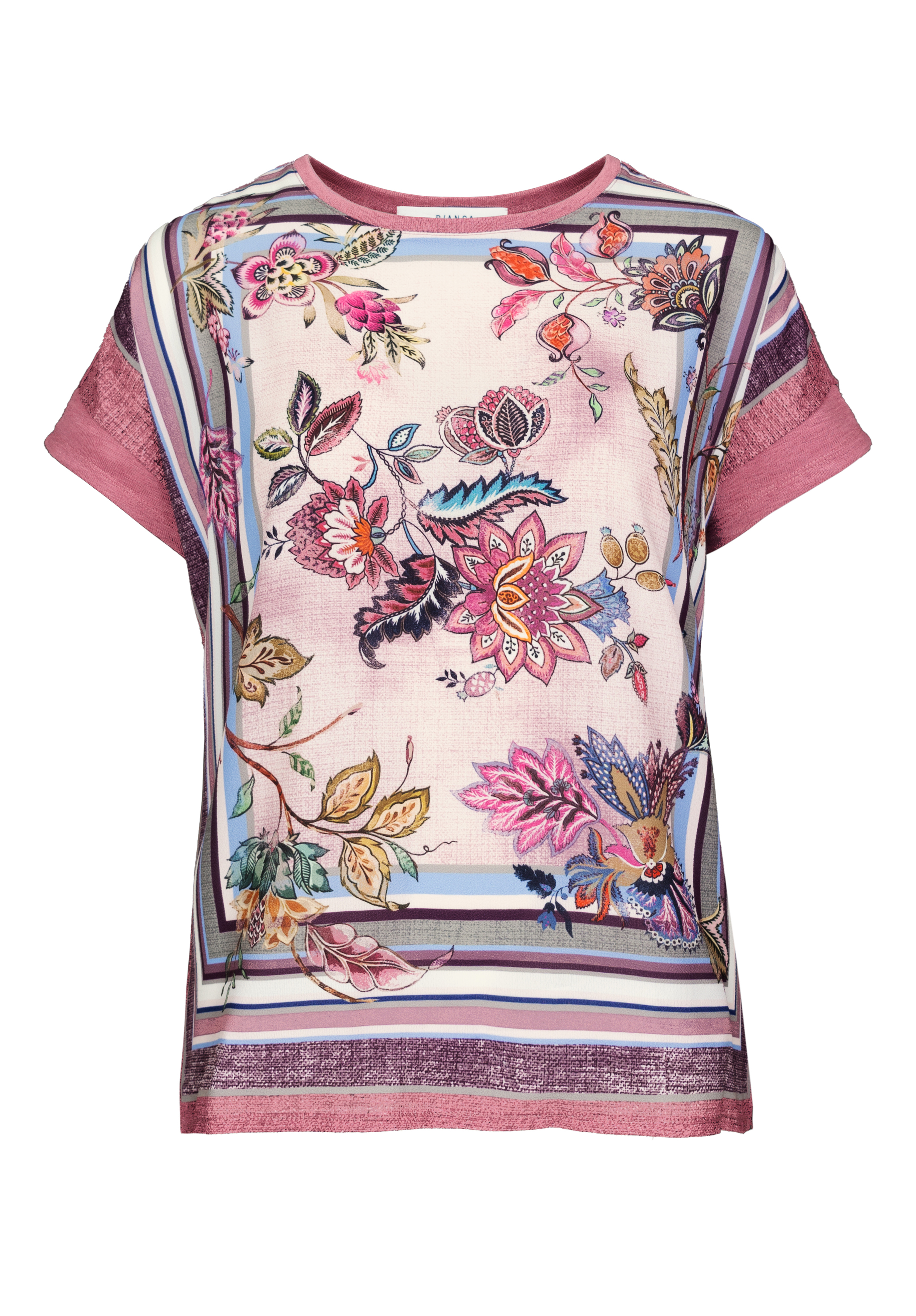 Print-Shirt JULIE Eine kurzärmelige Bluse mit rosa, lila und weißen Querstreifen, die auf der Vorderseite ein auffälliges Blumenmuster in verschiedenen Farben wie Rosa, Gelb und Blau aufweist.