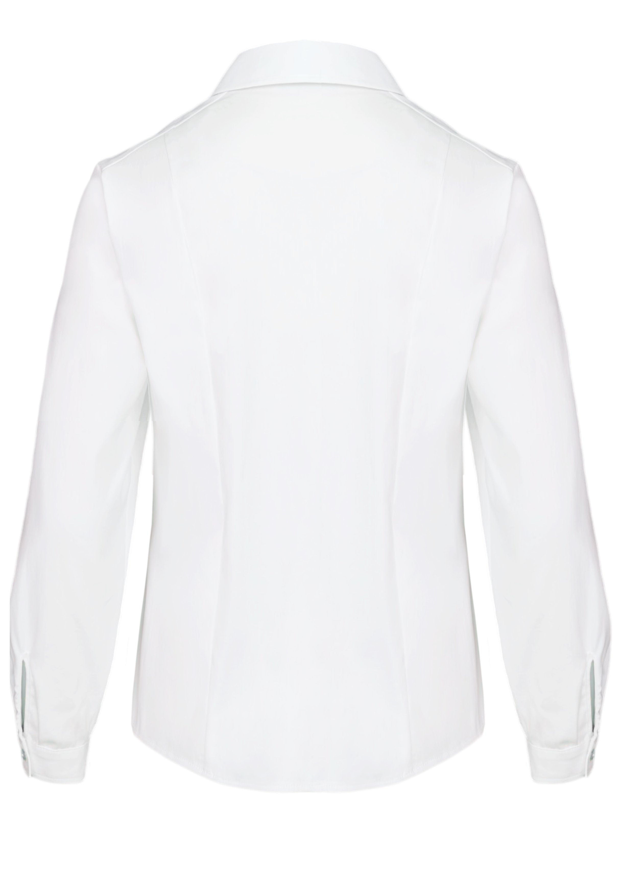Rückansicht eines weißen, langärmeligen Blazers mit Kragen und taillierten Nähten. Der Blazer hat geknöpfte Manschetten und ein klares, schlichtes Design.