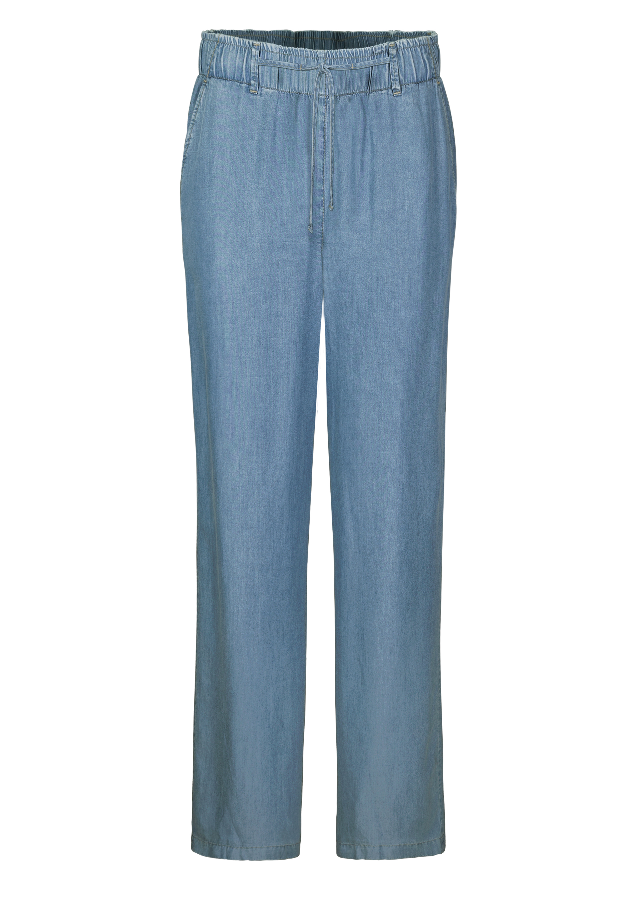 Hellblaue Denim-Hose mit elastischem Bund, Kordelzug und Seitentaschen auf weißem Hintergrund. Die Hose hat eine lockere, gerade Passform.