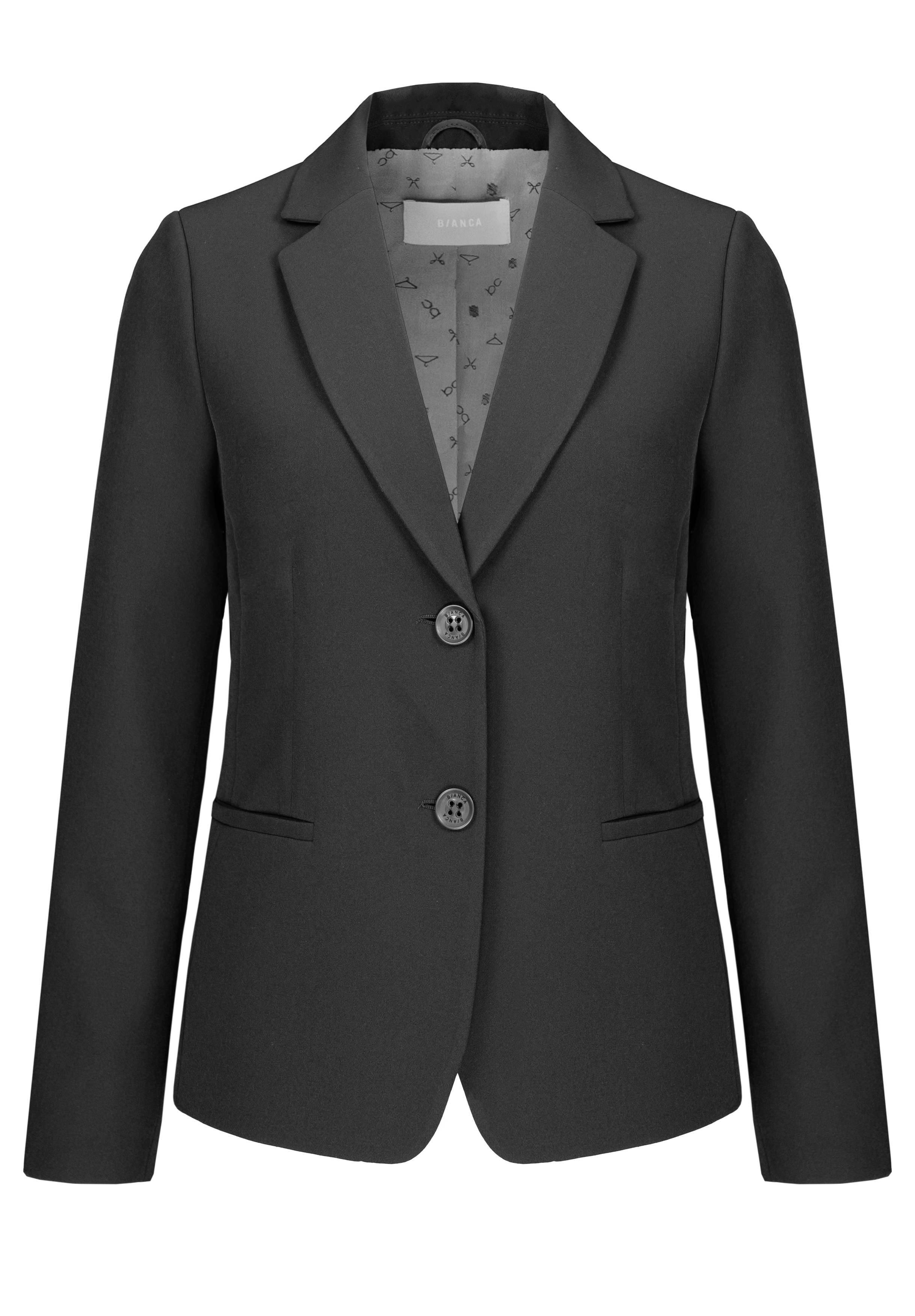 Ein schwarzer, maßgeschneiderter Blazer mit zwei Knöpfen, gekerbtem Revers, Pattentaschen vorne und einem dezent gemusterten Futter, das innen sichtbar ist. Der Blazer wird vor einem schlichten weißen Hintergrund präsentiert.
