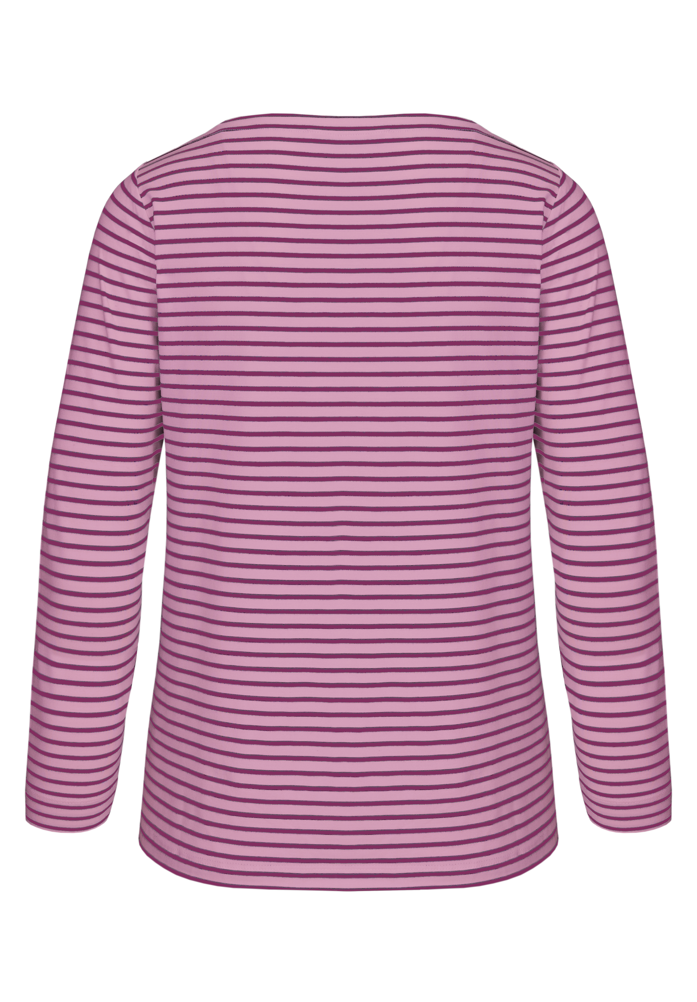 Ein langärmeliges Hemd mit dünnen horizontalen lila- und rosafarbenen Streifen, die von hinten auf einem einfarbig weißen Hintergrund zu sehen sind.