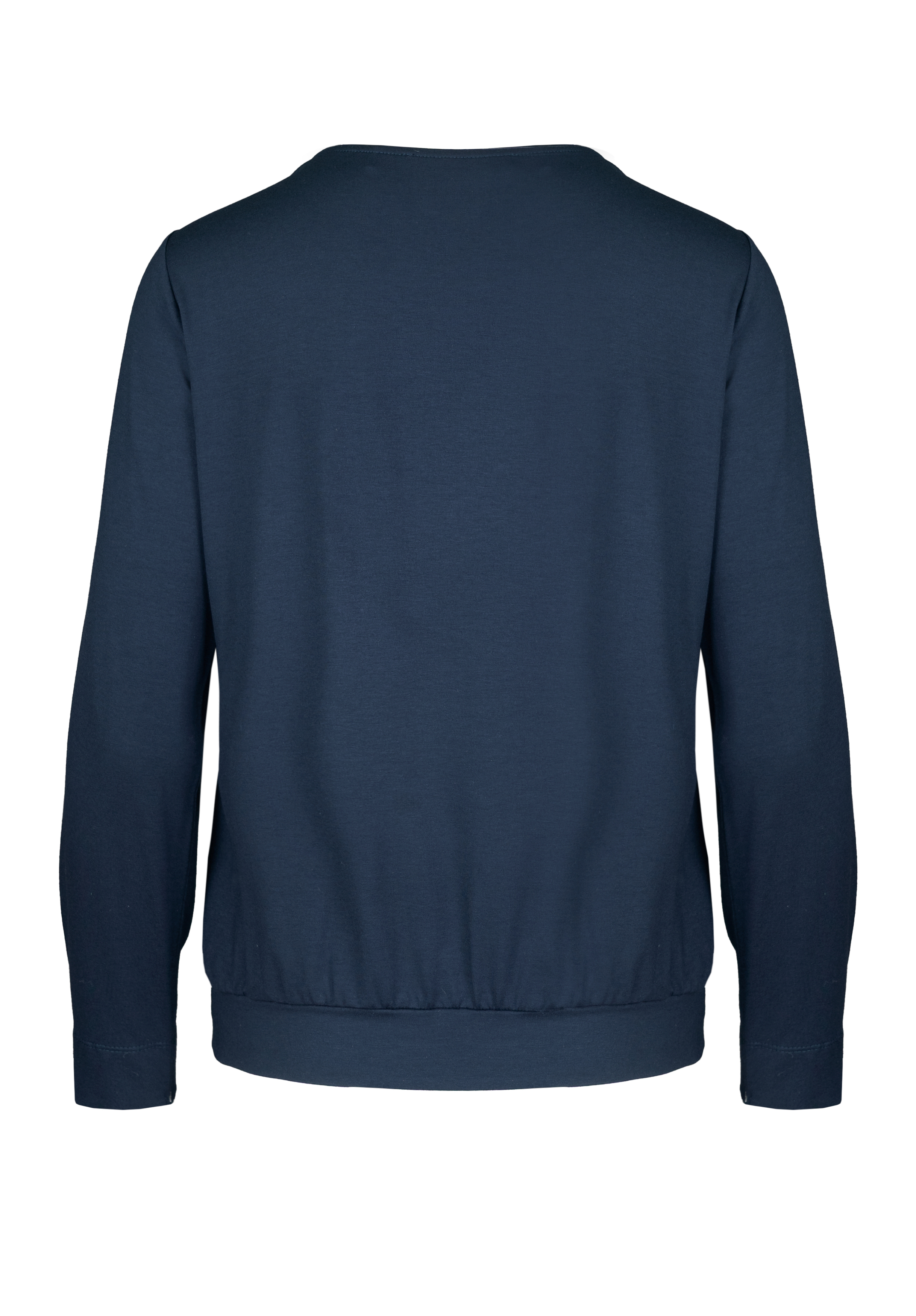 Marineblaues, langärmeliges Sweatshirt, von hinten gesehen, in schlichtem Design mit Rundhalsausschnitt, Rippbündchen und geripptem Bund.