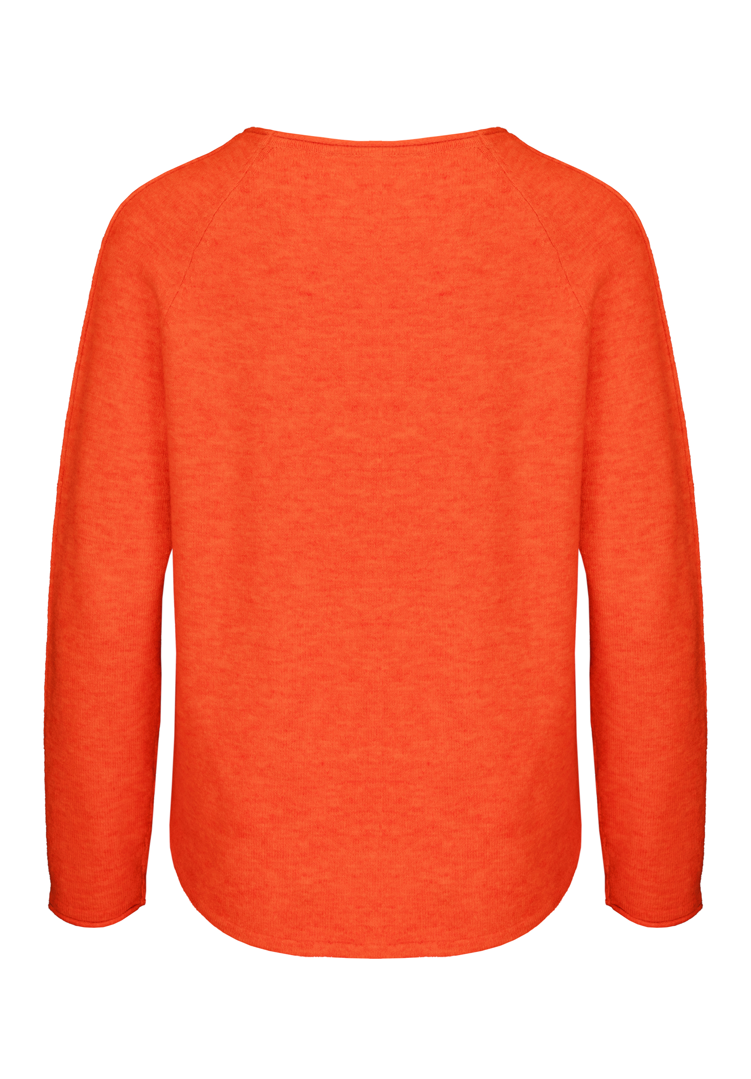 Ein schlichter, langärmeliger, leuchtend orangefarbener Pullover wird von hinten vor einem weißen Hintergrund gezeigt. Der Pullover hat ein einfaches Design ohne sichtbare Muster, Logos oder Verzierungen.