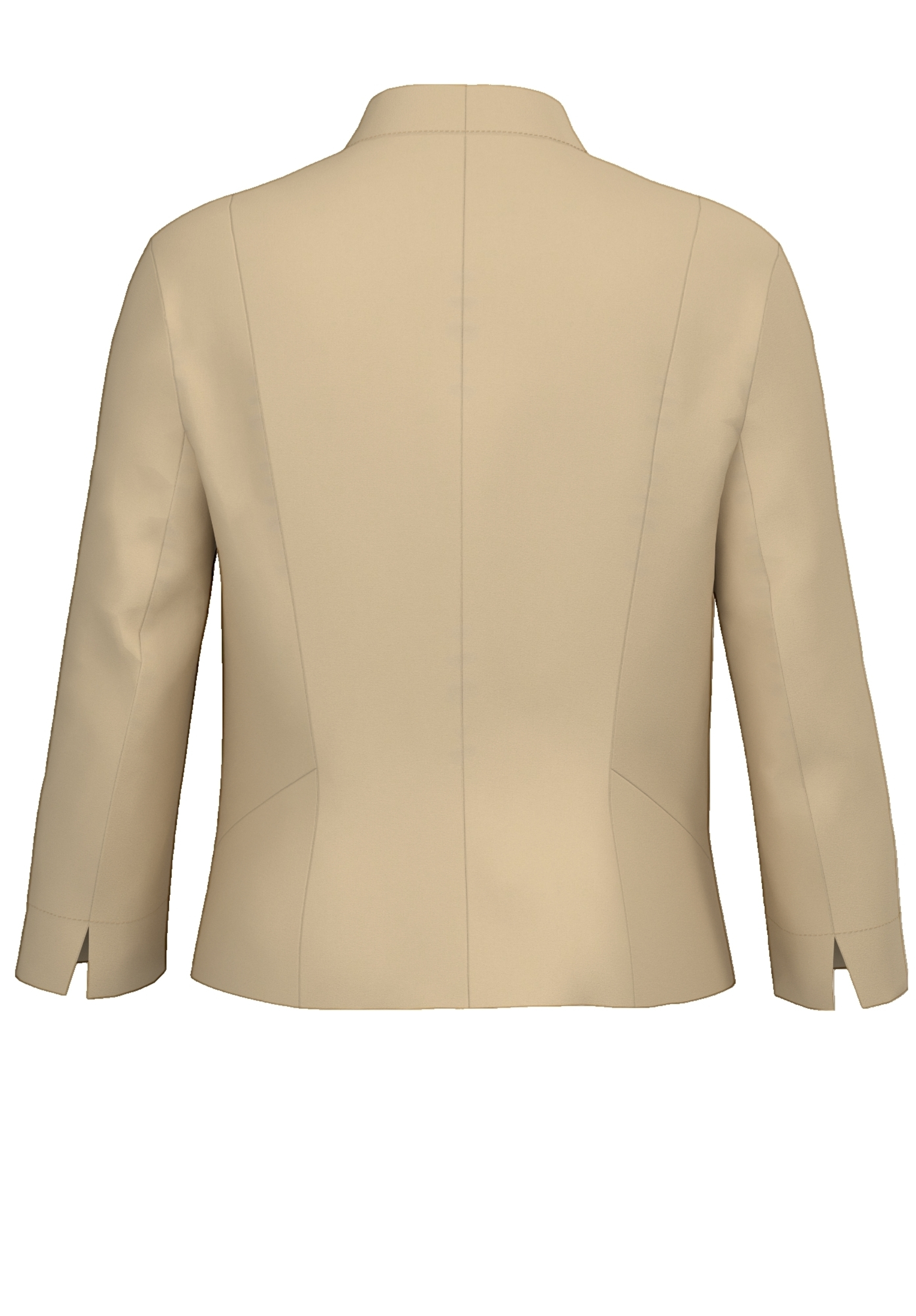 Rückansicht eines beigen Damenblazers mit langen Ärmeln, dezenten Nähten und tailliertem Schnitt. Der Blazer hat einen schlichten Kragen und kleine Schlitze an den Ärmelbündchen.