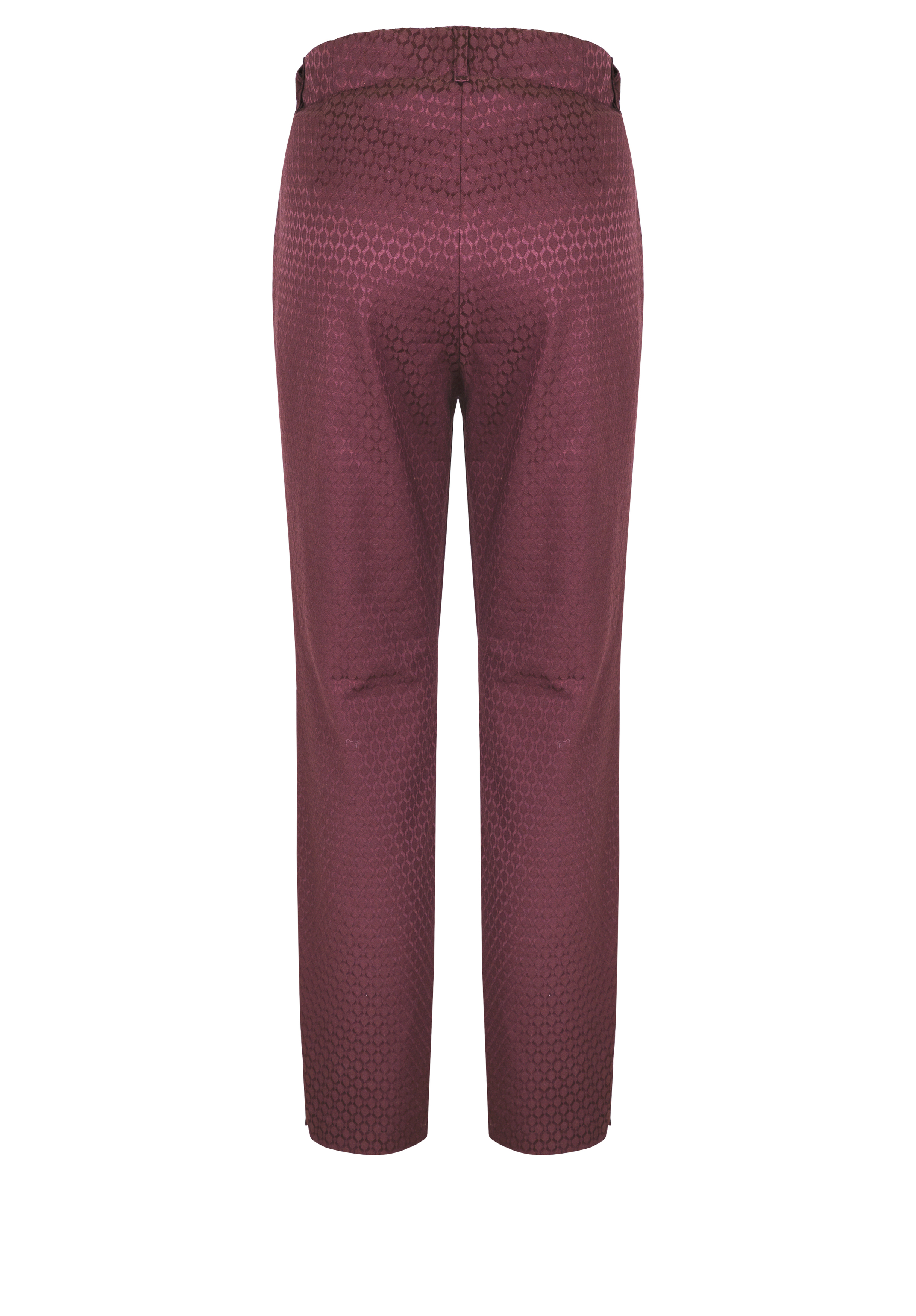 Rückansicht einer kastanienbraunen Hose mit geradem Bein, einem dezenten sechseckigen Muster und ohne sichtbare Taschen oder Verzierungen.