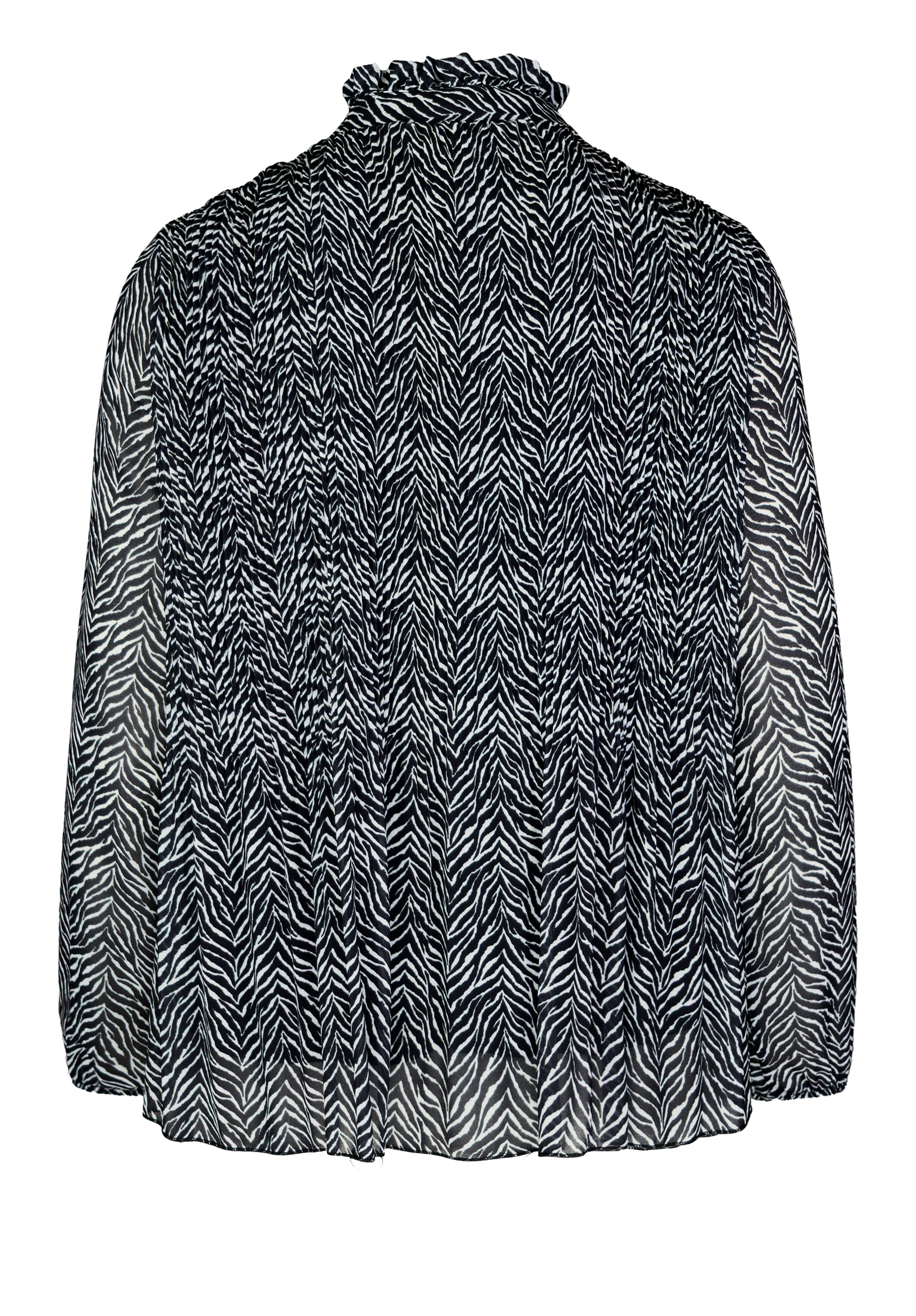 Eine langärmelige Bluse mit schwarz-weißem Zebradruck, hier von hinten gezeigt. Der Stoff wirkt leicht und halbtransparent, der hohe Ausschnitt ist leicht gerafft.
