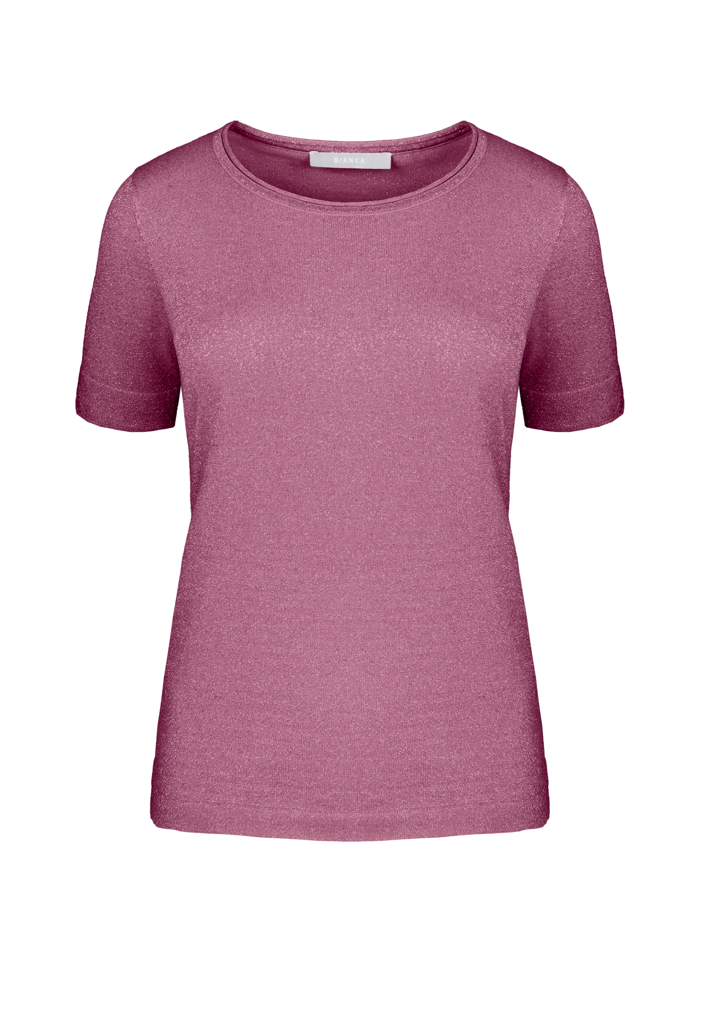 Ein schlichtes, kurzärmeliges T-Shirt mit Rundhalsausschnitt in einem einfarbigen Mauve oder Staubrosa auf weißem Hintergrund.