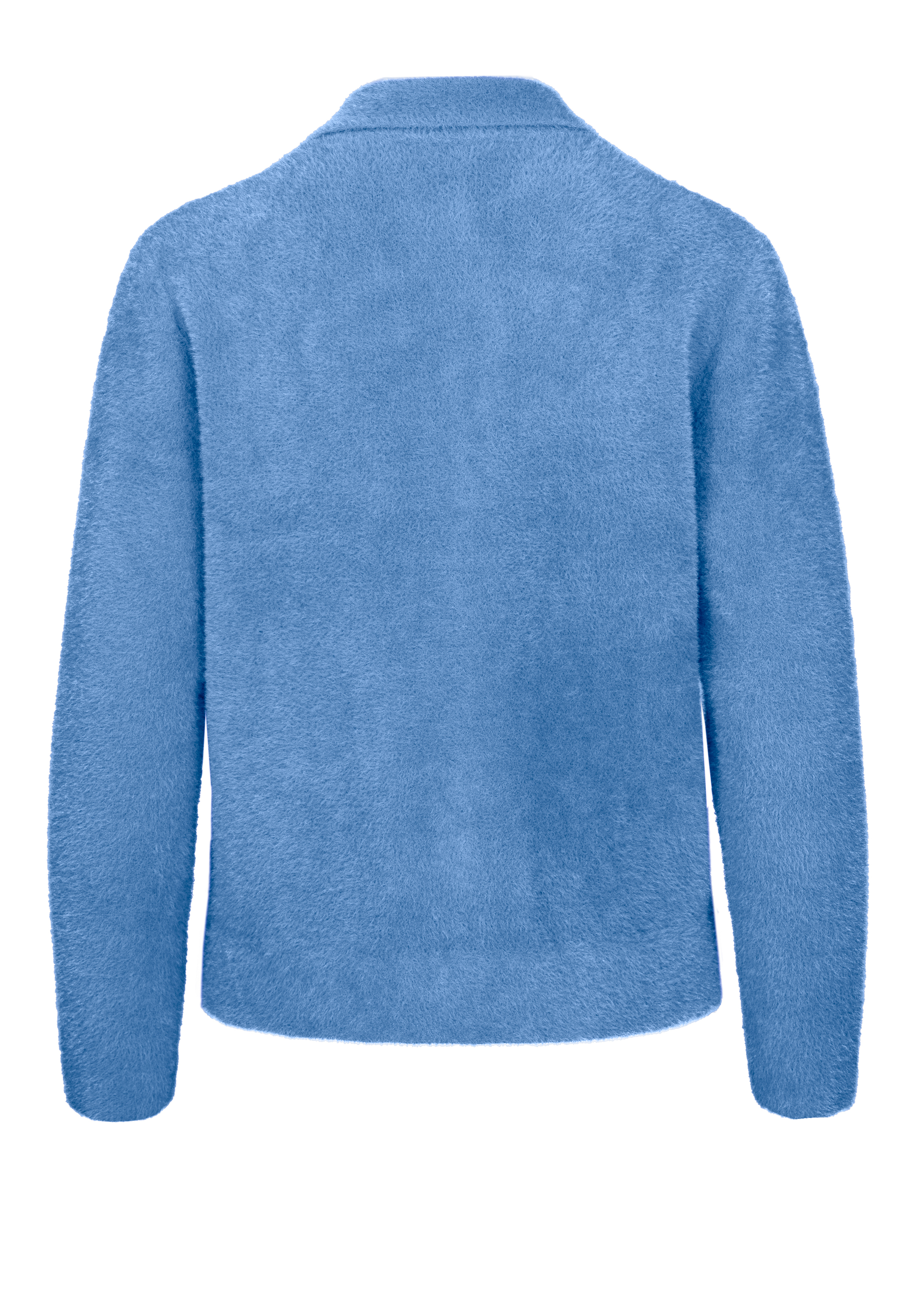 Eine Rückansicht einer langärmeligen, hellblauen, flauschigen Fleecejacke mit Kragen, dargestellt auf einem schlichten weißen Hintergrund.