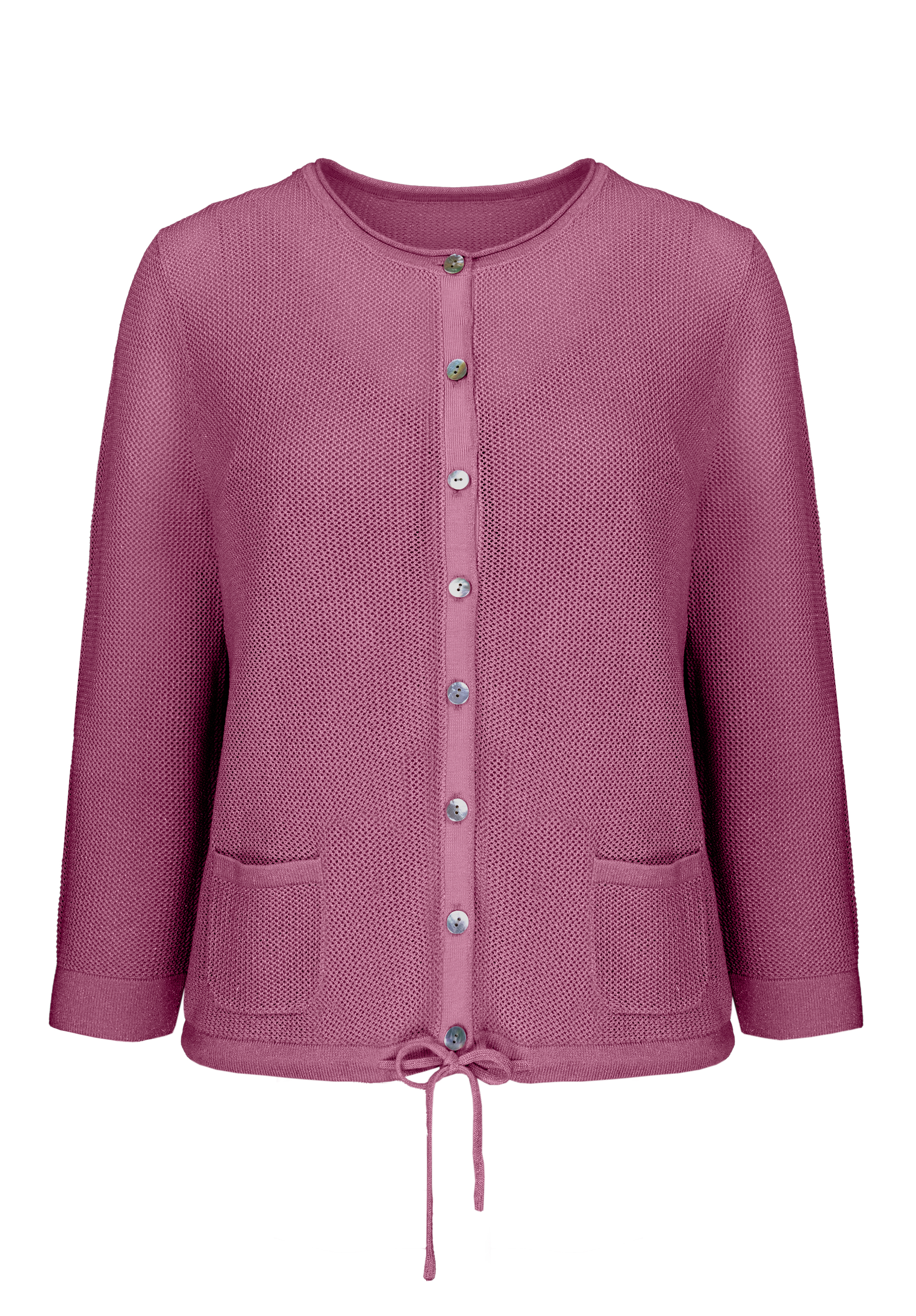 Mauvefarbene Strickjacke mit langen Ärmeln, Rundhalsausschnitt, Knopfverschluss vorne, zwei kleinen Taschen vorne und einem Kordelzug am Saum.