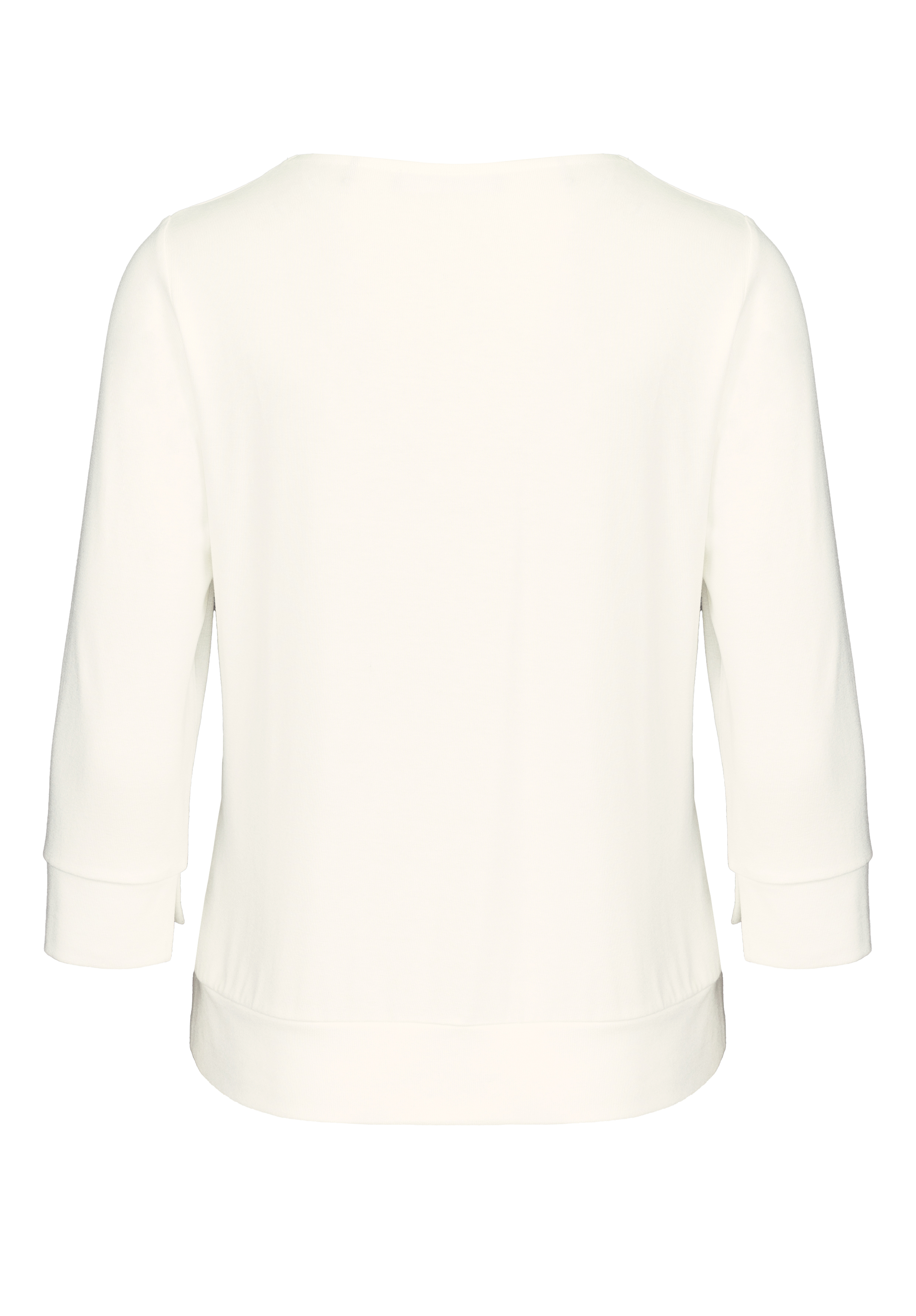 Rückansicht eines schlichten weißen Langarmshirts mit Dreiviertelärmeln und einfachem, kragenlosem Design, dargestellt auf weißem Hintergrund.