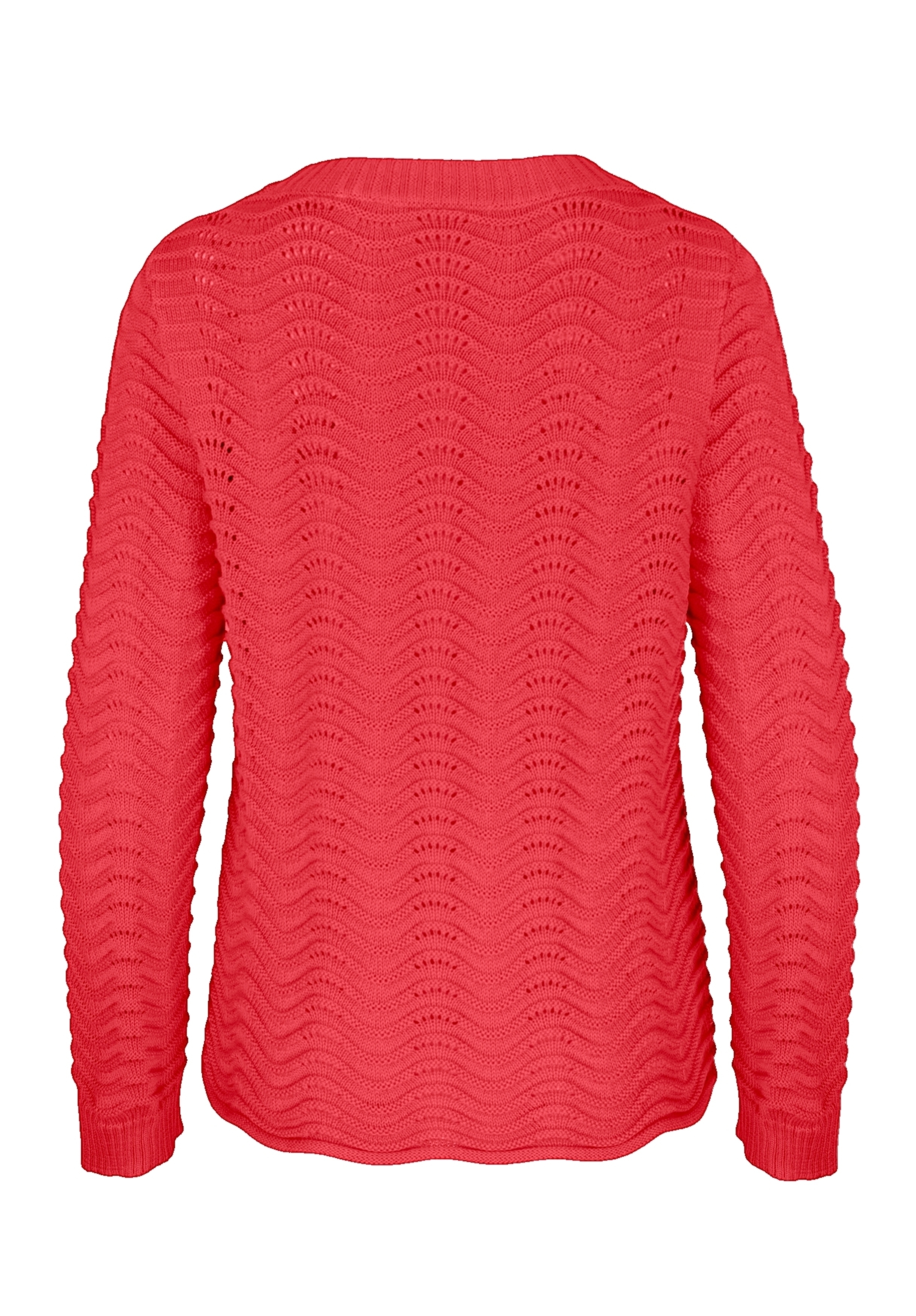 Korallenrosa Strickpullover mit welligem Strukturmuster. Der Pullover hat lange Ärmel und einen runden Ausschnitt. Die Rückseite ist auf weißem Hintergrund zu sehen.