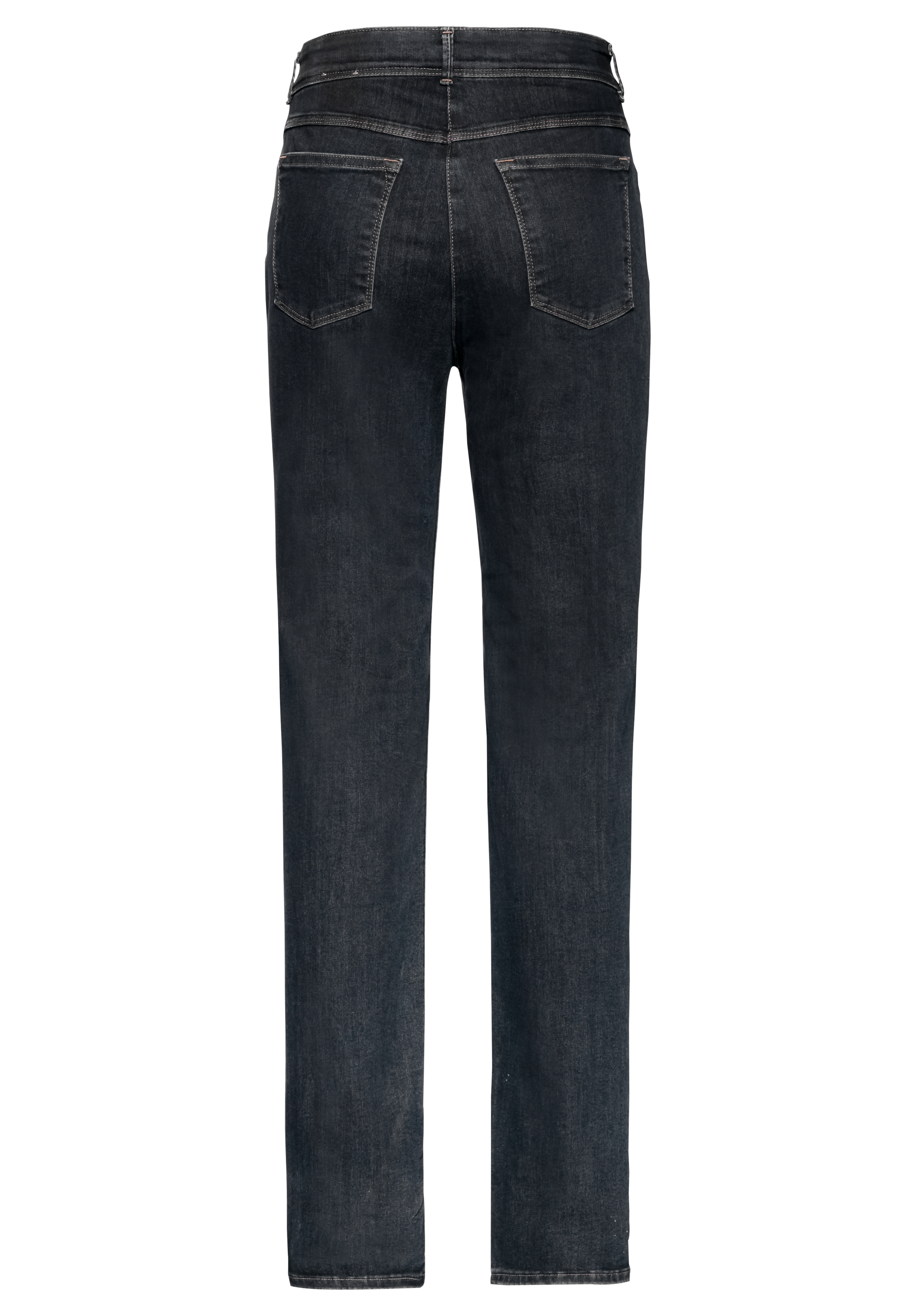 Rückansicht einer schwarzen Jeans mit zwei Gesäßtaschen und sichtbaren Nahtdetails, dargestellt vor einem schlichten weißen Hintergrund.