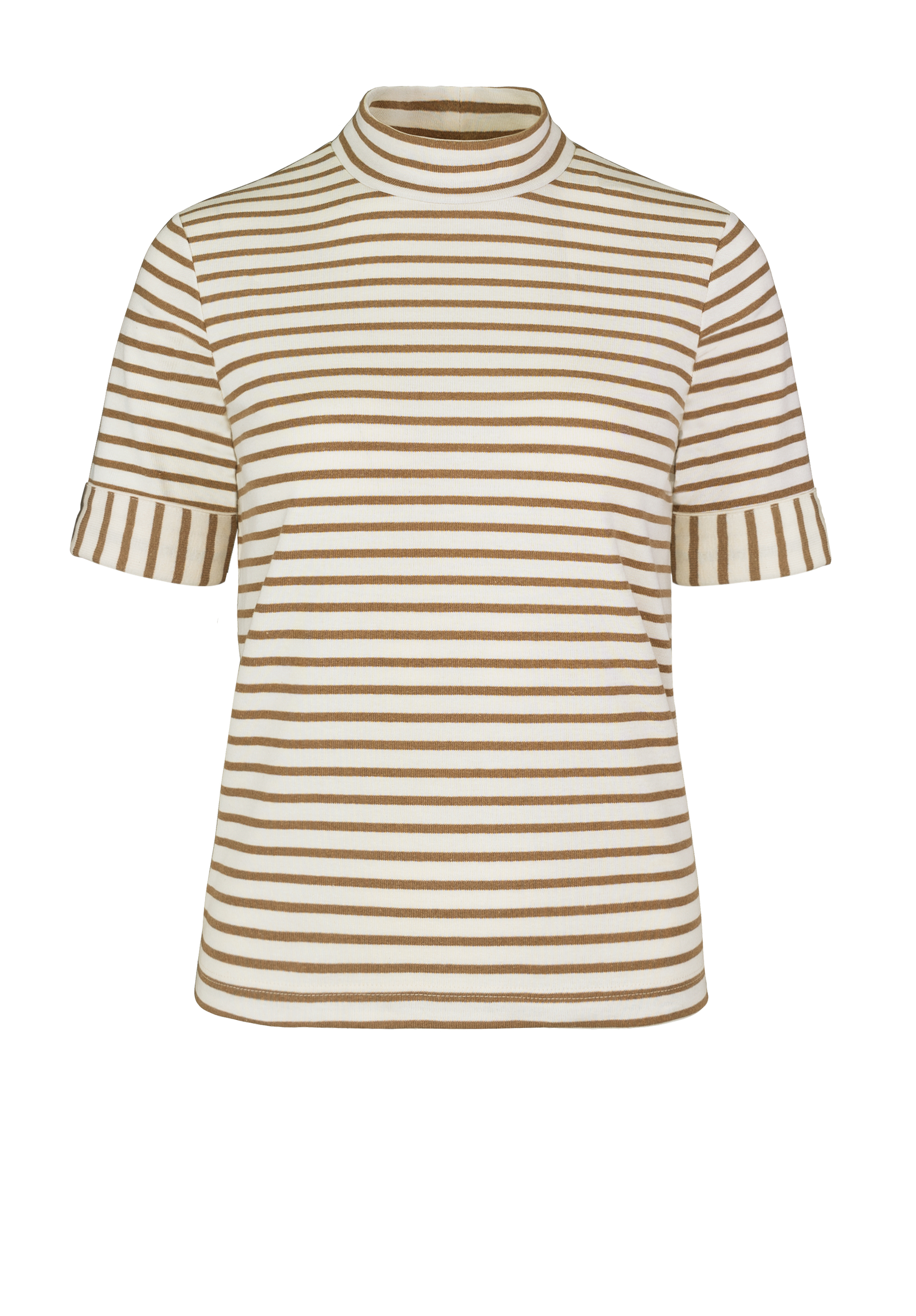 Kurzarmshirt GIDDI Kurzärmeliges, beige-weiß gestreiftes T-Shirt mit Rundhalsausschnitt und Querstreifen auf weißem Grund.