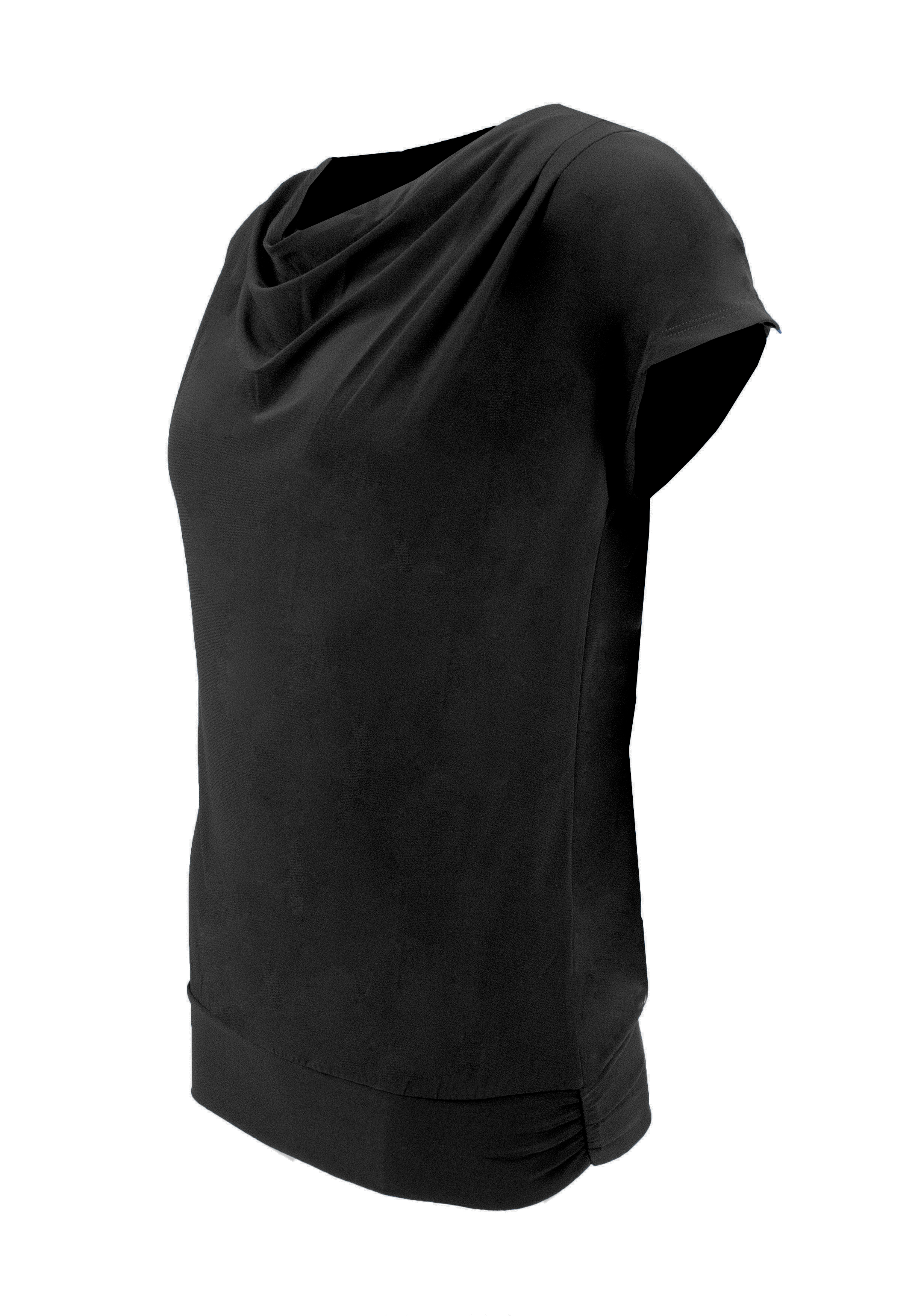 Schwarzes Damenoberteil mit kurzen Ärmeln, drapiertem Cowl-Ausschnitt und tailliertem Saum, abgebildet vor weißem Hintergrund. Der Stoff wirkt glatt und leicht.