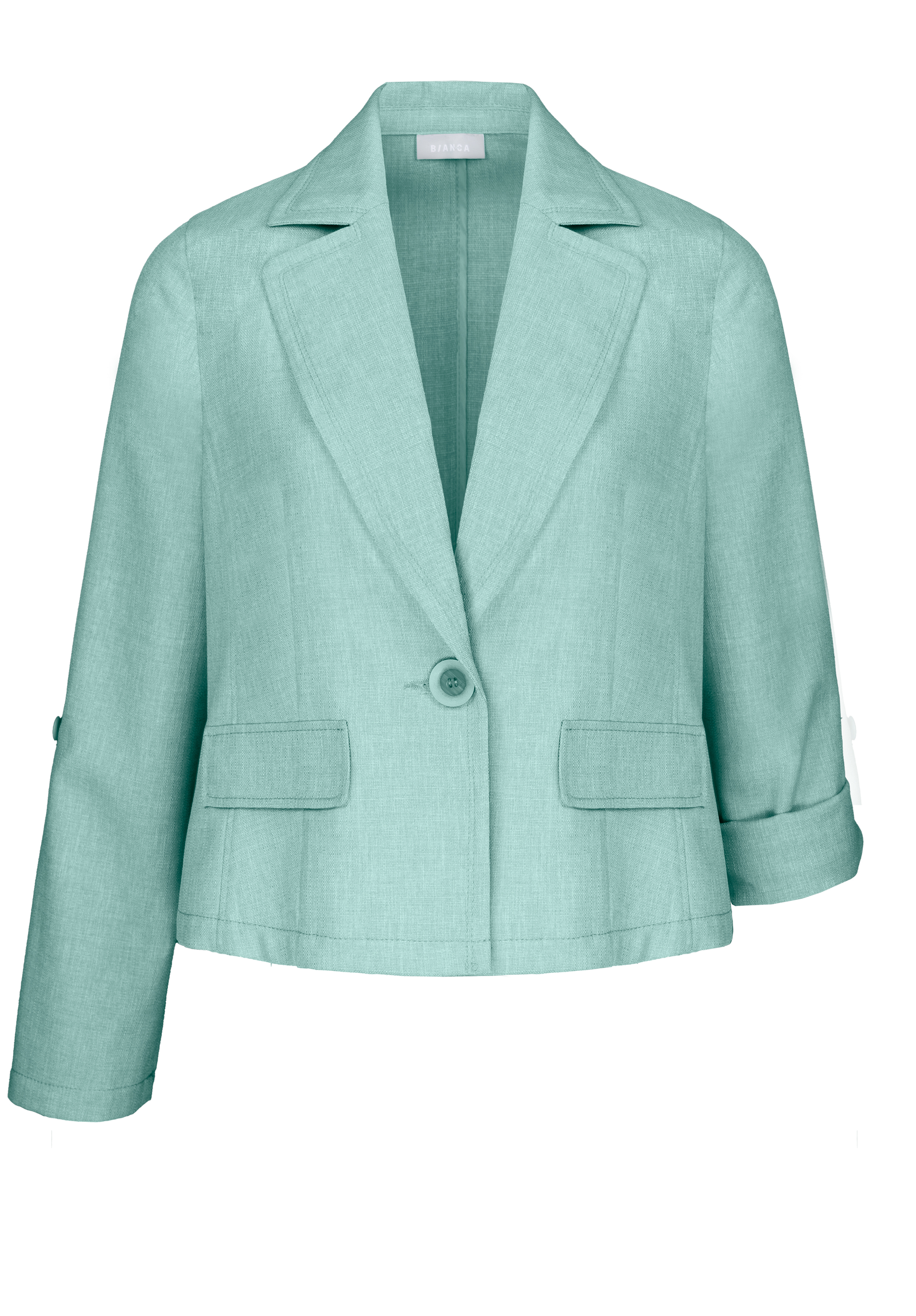 Ein hellblaugrüner Damenblazer mit einem Knopf, Revers, zwei Pattentaschen vorne und langen Ärmeln vor weißem Hintergrund.