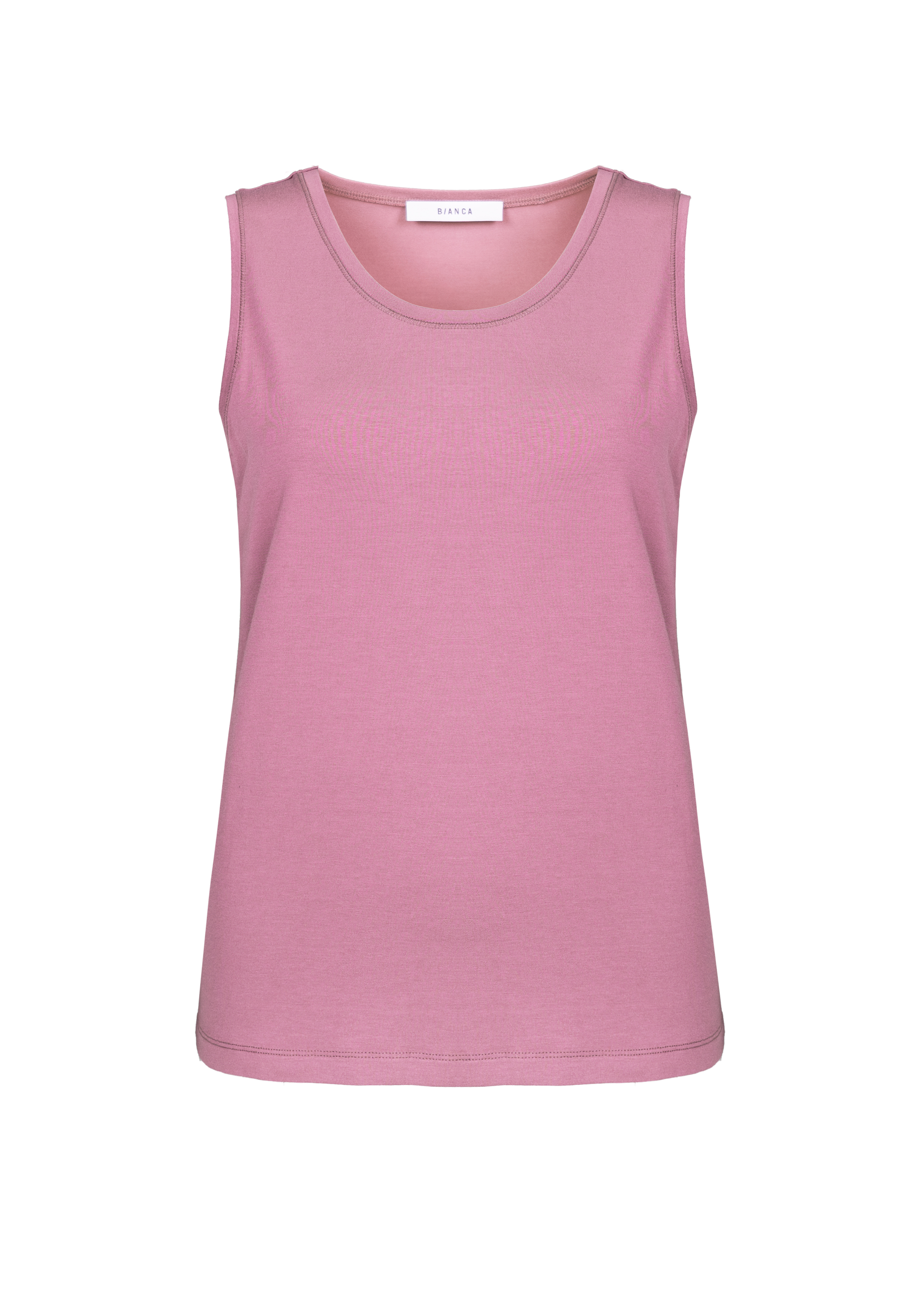 Ärmelloses rosafarbenes Tank-Top auf einfarbig weißem Hintergrund, von vorne abgebildet. Das Shirt hat einen einfachen, runden Ausschnitt und eine lockere Passform.