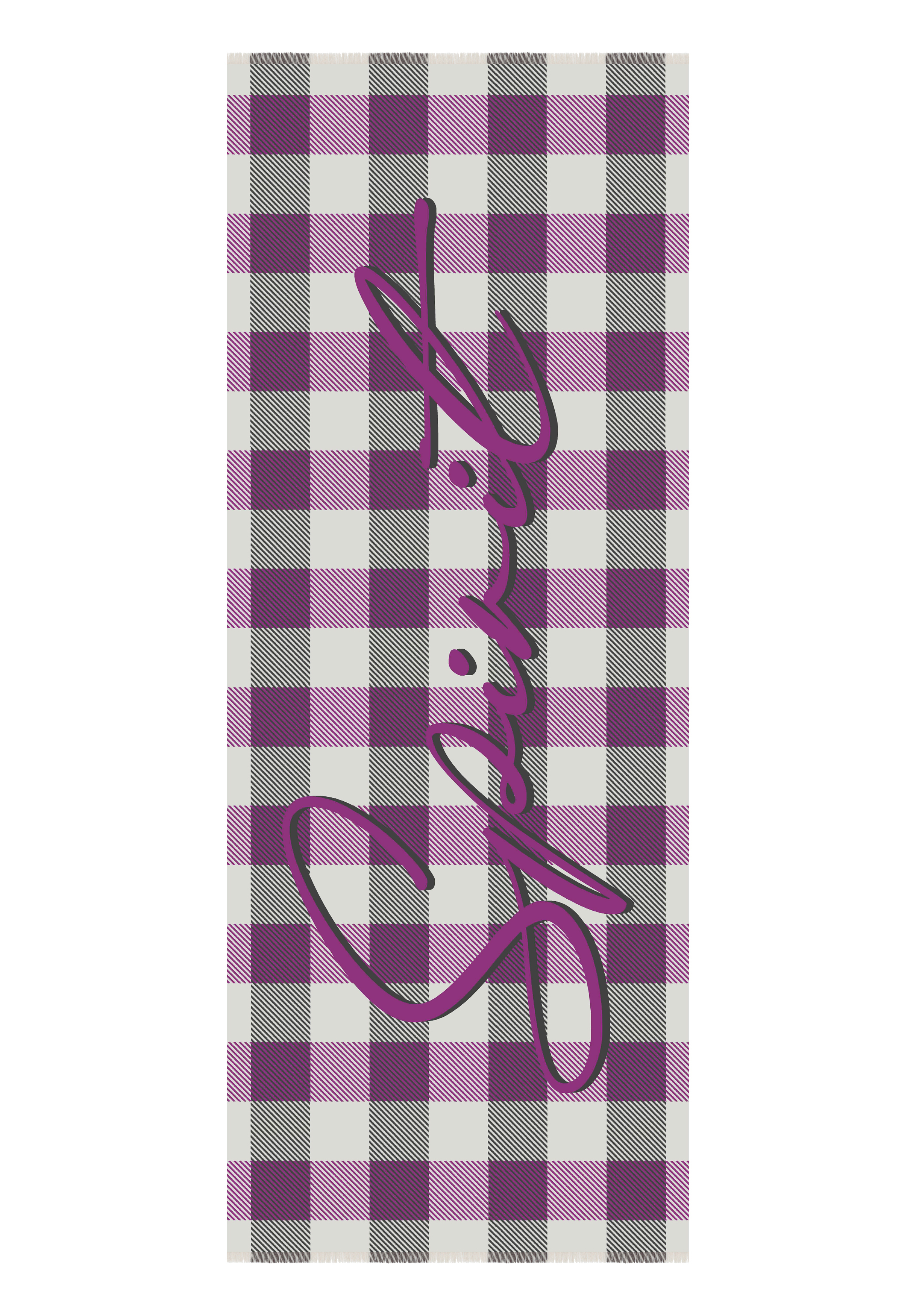 Ein lila, schwarz und weiß kariertes Muster mit dem Wort „Spirit“, das diagonal in großen, lila Schreibschriftbuchstaben in der Mitte geschrieben ist.