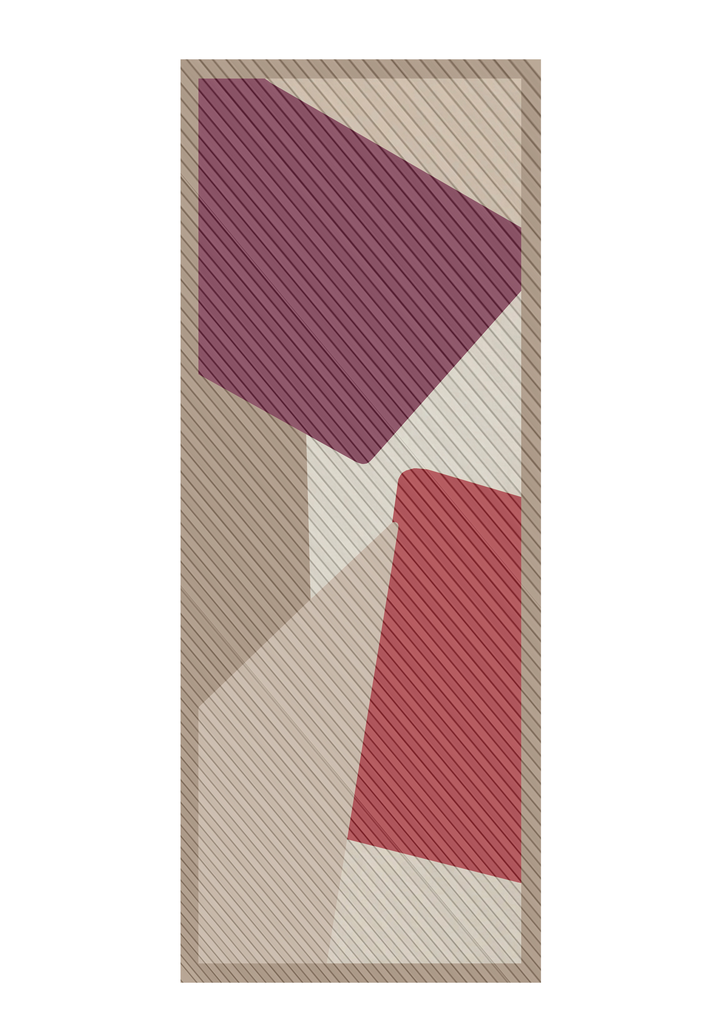 Abstrakte geometrische Illustration mit überlappenden beigen, violetten und roten Formen innerhalb eines vertikalen Rechtecks, überlagert mit diagonalen schwarzen Linien.